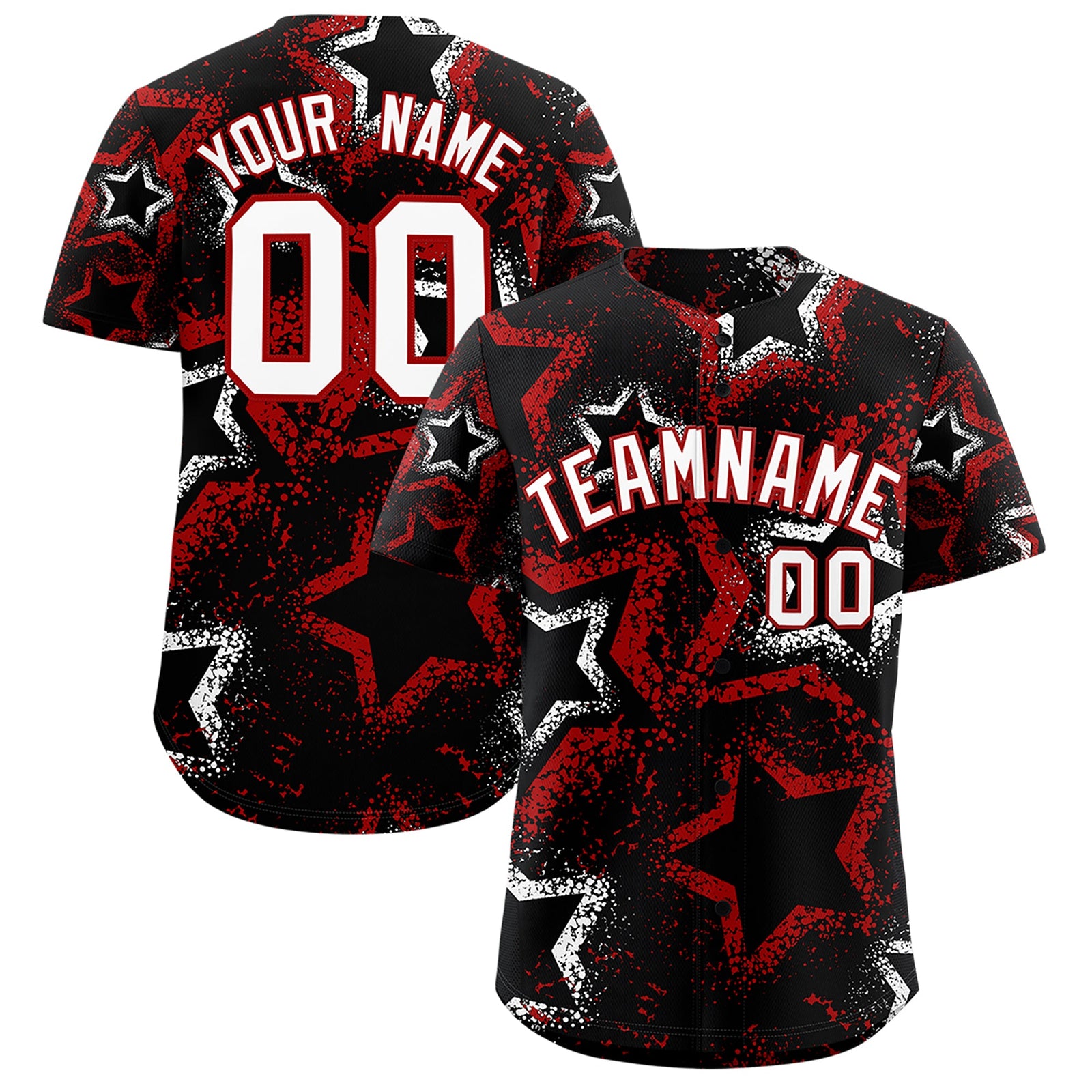 Custom Black White Red Star-Shaped Ink Texture Graffiti Pattern Baseball Jersey | Sublimation Printed & Stitched,Add Name and Numbern,Perfect for Parties,Perfect for Training | KXKSHOP