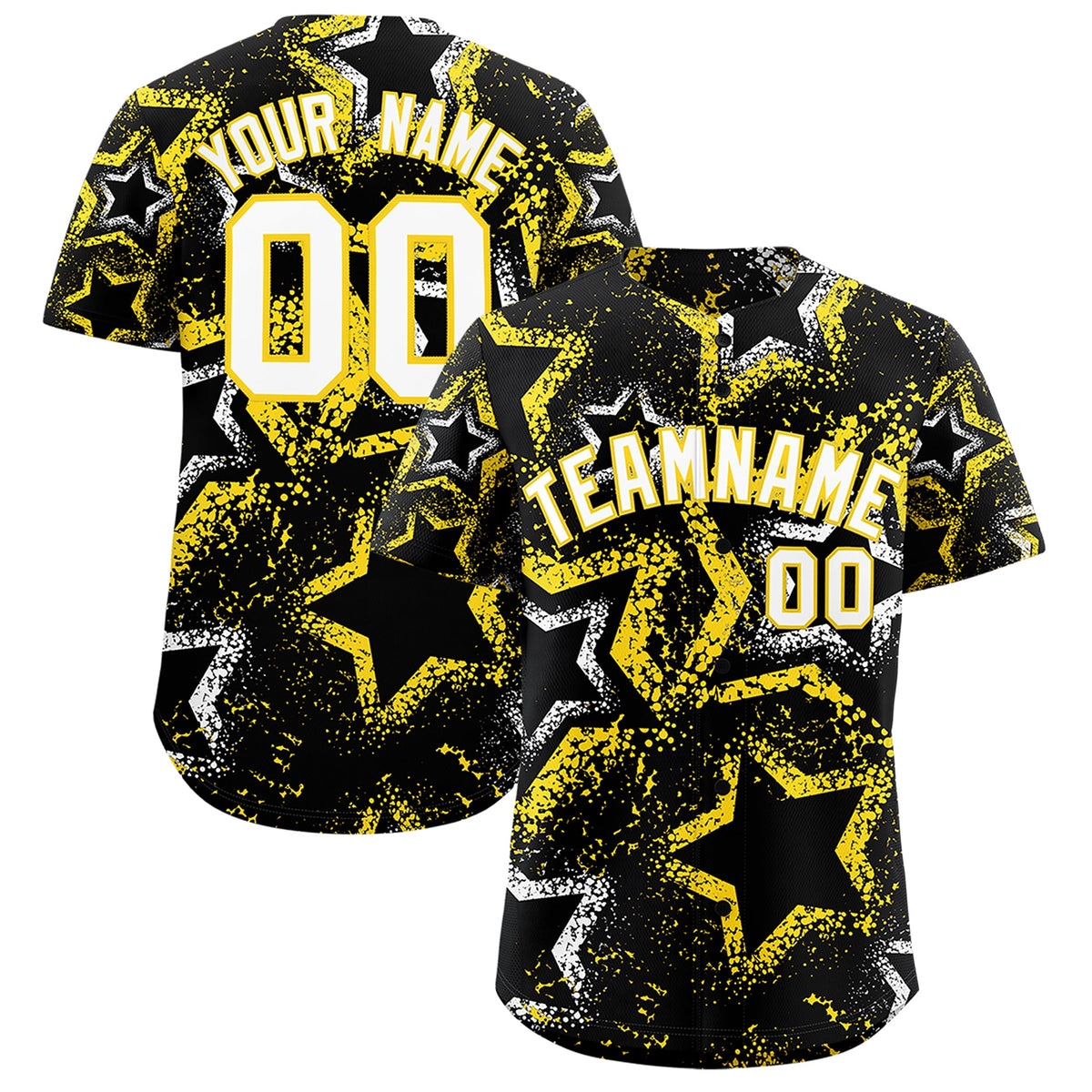 Custom Black White Gold Star-Shaped Ink Texture Graffiti Pattern Baseball Jersey | Sublimation Printed & Stitched,Add Name and Numbern,Perfect for Parties,Perfect for Training | KXKSHOP