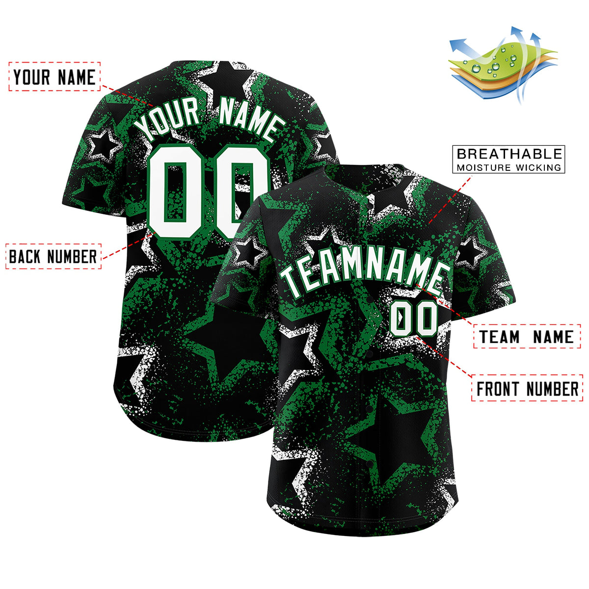 Custom Black White Kelly Green Star-Shaped Ink Texture Graffiti Pattern Baseball Jersey | Sublimation Printed &amp; Stitched,Add Name and Numbern,Perfect for Parties,Perfect for Training | KXKSHOP
