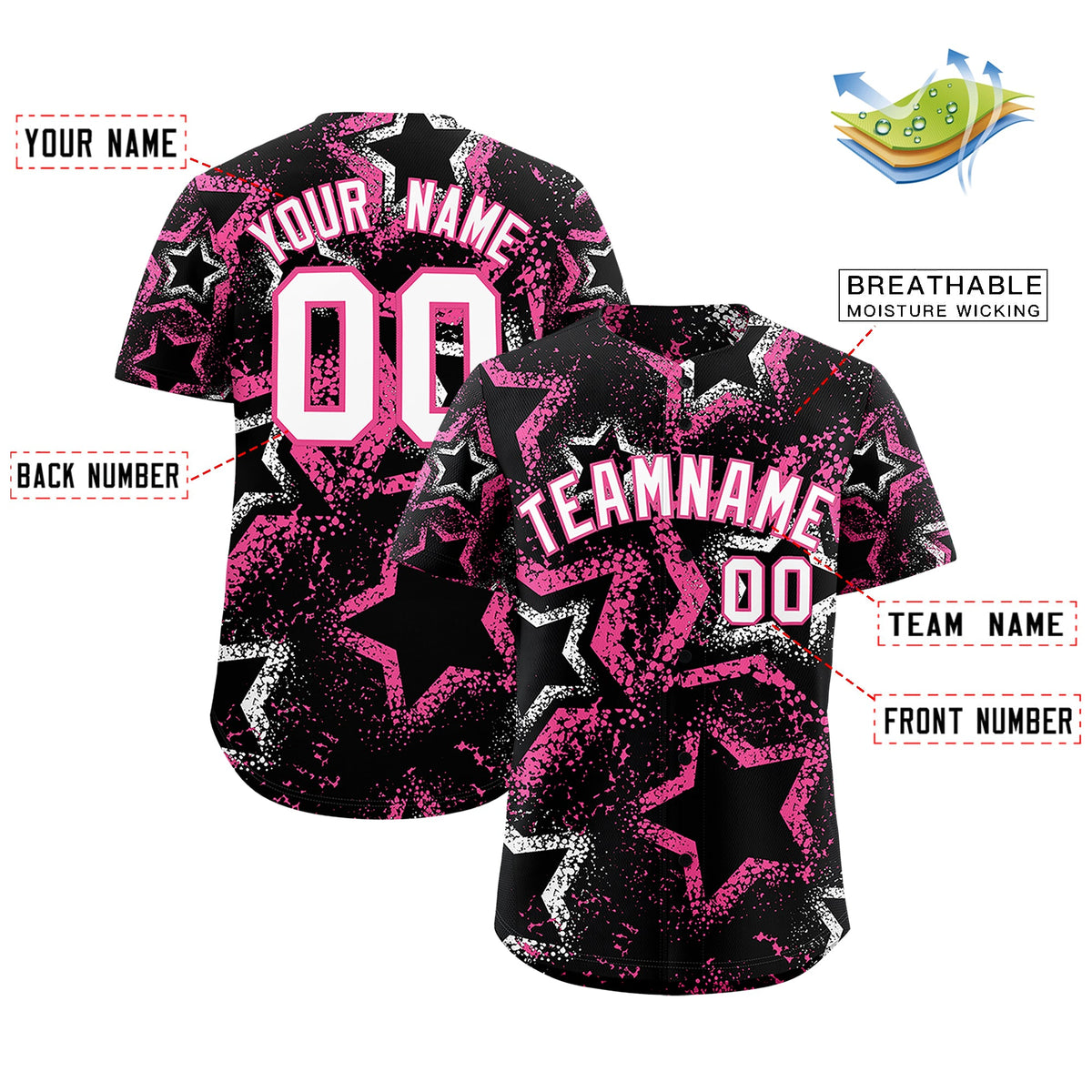 Custom Black White Pink Star-Shaped Ink Texture Graffiti Pattern Baseball Jersey | Sublimation Printed & Stitched,Add Name and Numbern,Perfect for Parties,Perfect for Training | KXKSHOP