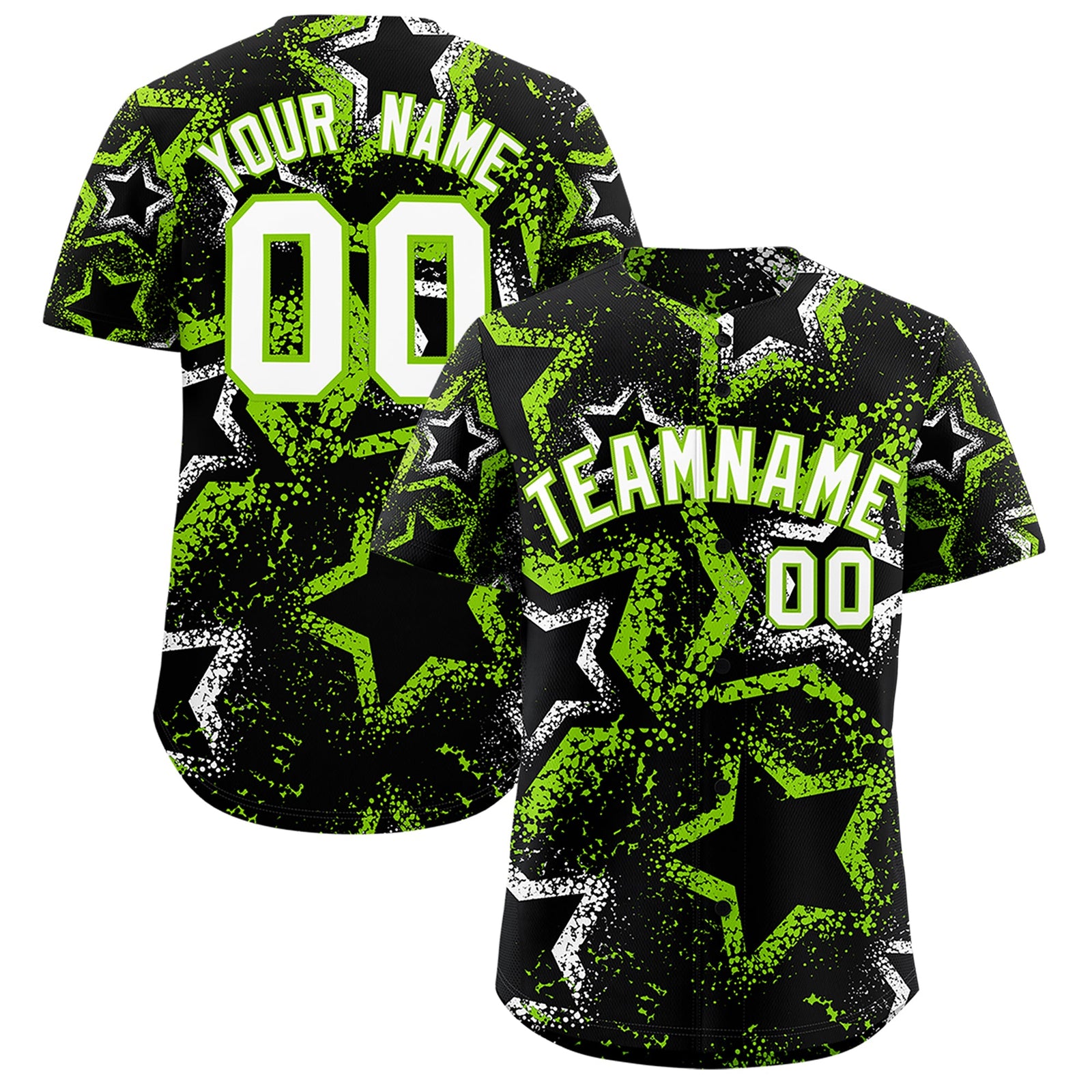 Custom Black White Neon Green Star-Shaped Ink Texture Graffiti Pattern Baseball Jersey | Sublimation Printed & Stitched,Add Name and Numbern,Perfect for Parties,Perfect for Training | KXKSHOP