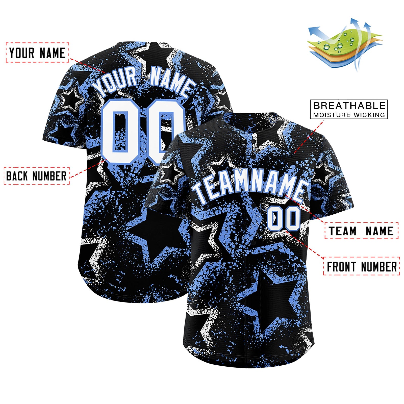 Custom Black White Light Blue Star-Shaped Ink Texture Graffiti Pattern Baseball Jersey | Sublimation Printed & Stitched,Add Name and Numbern,Perfect for Parties,Perfect for Training | KXKSHOP