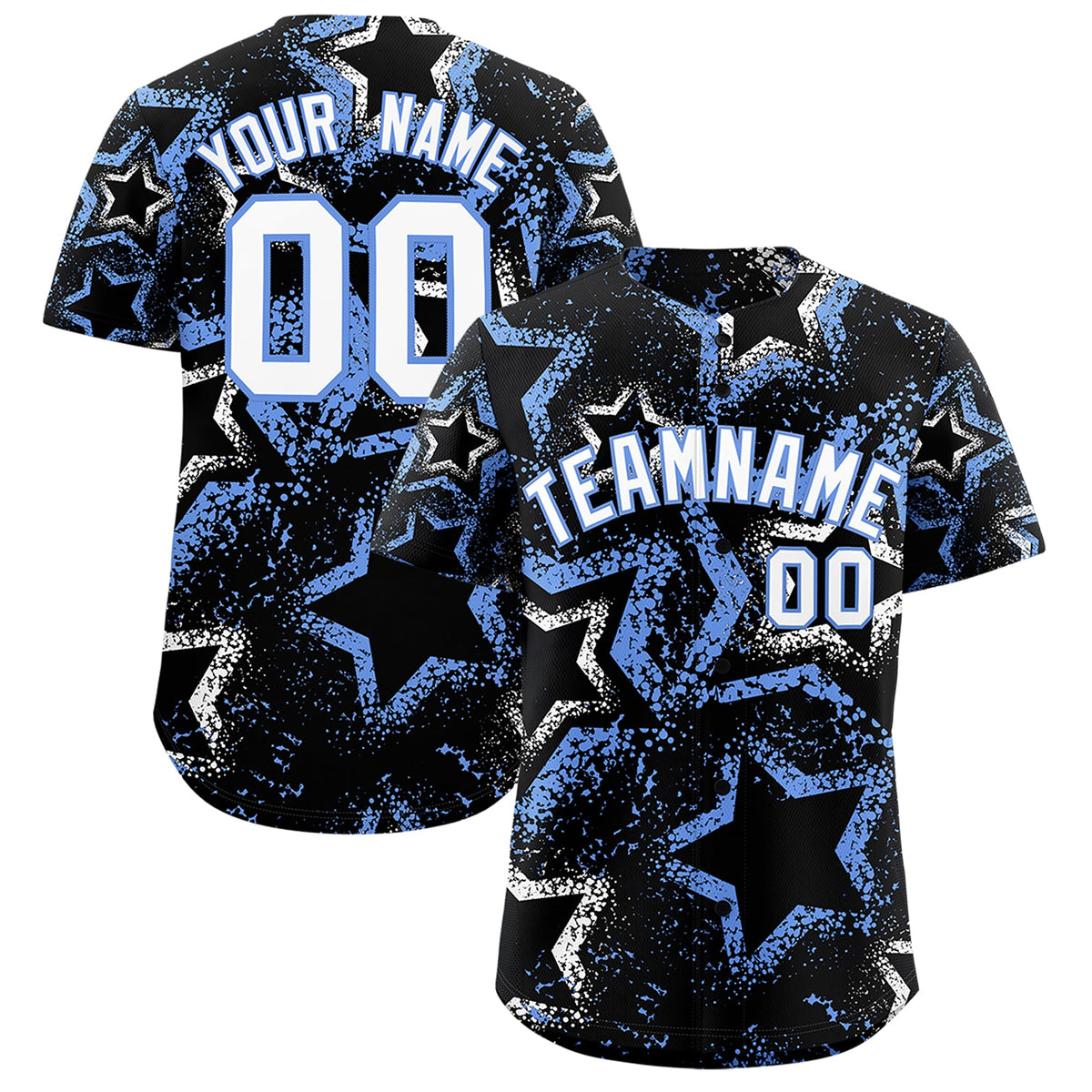 Custom Black White Light Blue Star-Shaped Ink Texture Graffiti Pattern Baseball Jersey | Sublimation Printed &amp; Stitched,Add Name and Numbern,Perfect for Parties,Perfect for Training | KXKSHOP
