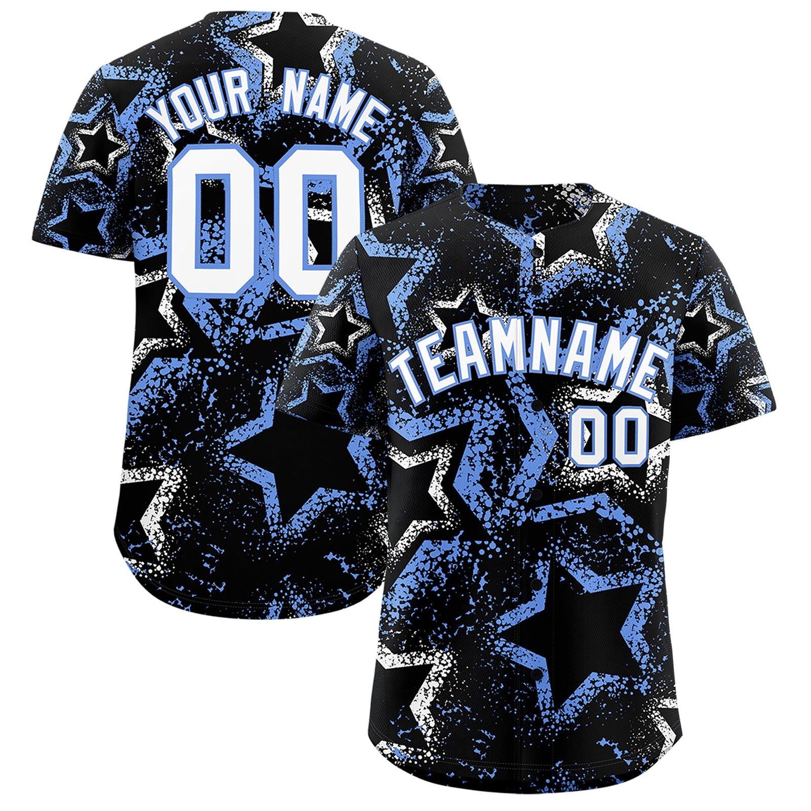 Custom Black White Light Blue Star-Shaped Ink Texture Graffiti Pattern Baseball Jersey | Sublimation Printed & Stitched,Add Name and Numbern,Perfect for Parties,Perfect for Training | KXKSHOP