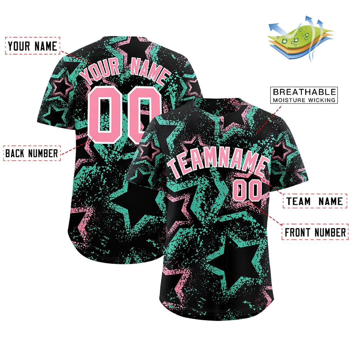 Custom Black Light Pink White Star-Shaped Ink Texture Graffiti Pattern Baseball Jersey | Sublimation Printed &amp; Stitched,Add Name and Numbern,Perfect for Parties,Perfect for Training | KXKSHOP