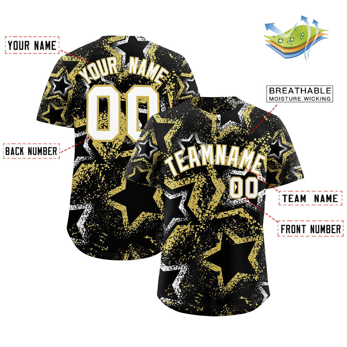 Custom Black White Old Gold Star-Shaped Ink Texture Graffiti Pattern Baseball Jersey | Sublimation Printed &amp; Stitched,Add Name and Numbern,Perfect for Parties,Perfect for Training | KXKSHOP