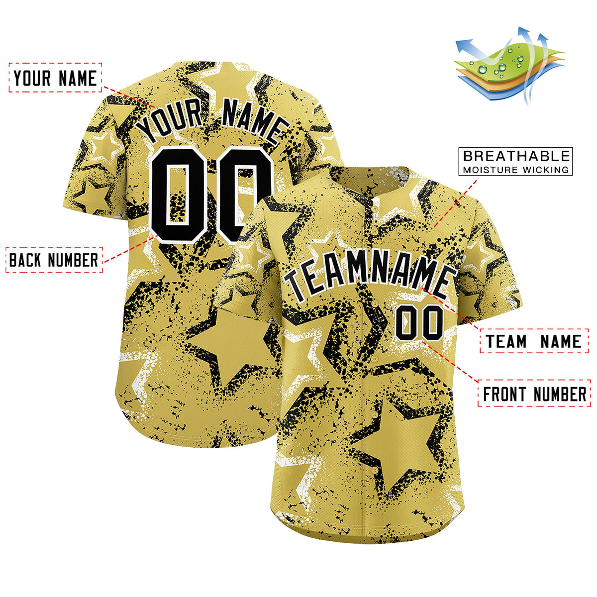 Custom Old Gold White Black Star-Shaped Ink Texture Graffiti Pattern Baseball Jersey | Sublimation Printed &amp; Stitched,Add Name and Numbern,Perfect for Parties,Perfect for Training | KXKSHOP