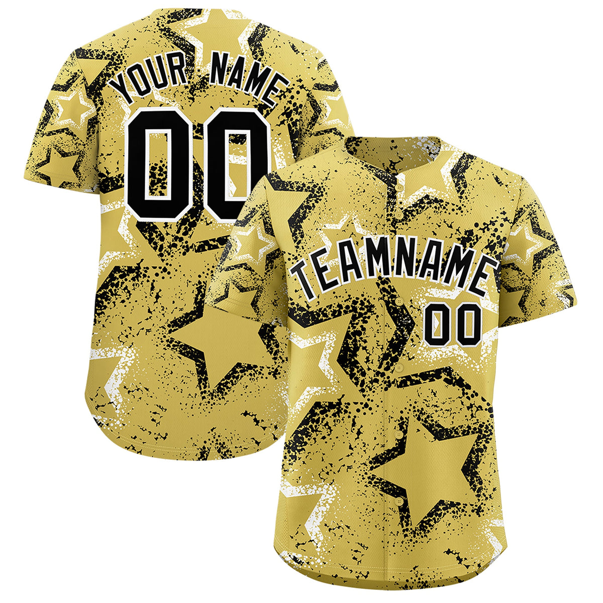 Custom Old Gold White Black Star-Shaped Ink Texture Graffiti Pattern Baseball Jersey | Sublimation Printed &amp; Stitched,Add Name and Numbern,Perfect for Parties,Perfect for Training | KXKSHOP