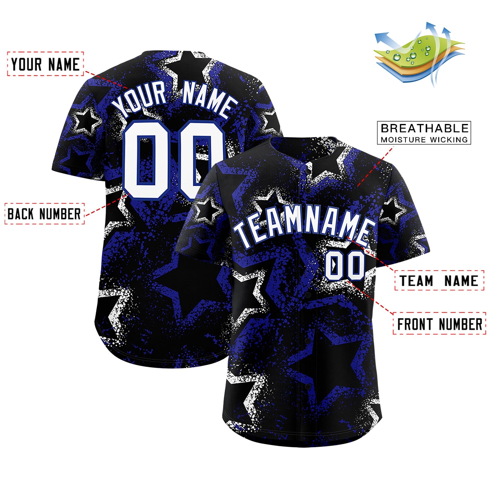 Custom Black White Royal Blue Star-Shaped Ink Texture Graffiti Pattern Baseball Jersey | Sublimation Printed & Stitched,Add Name and Numbern,Perfect for Parties,Perfect for Training | KXKSHOP