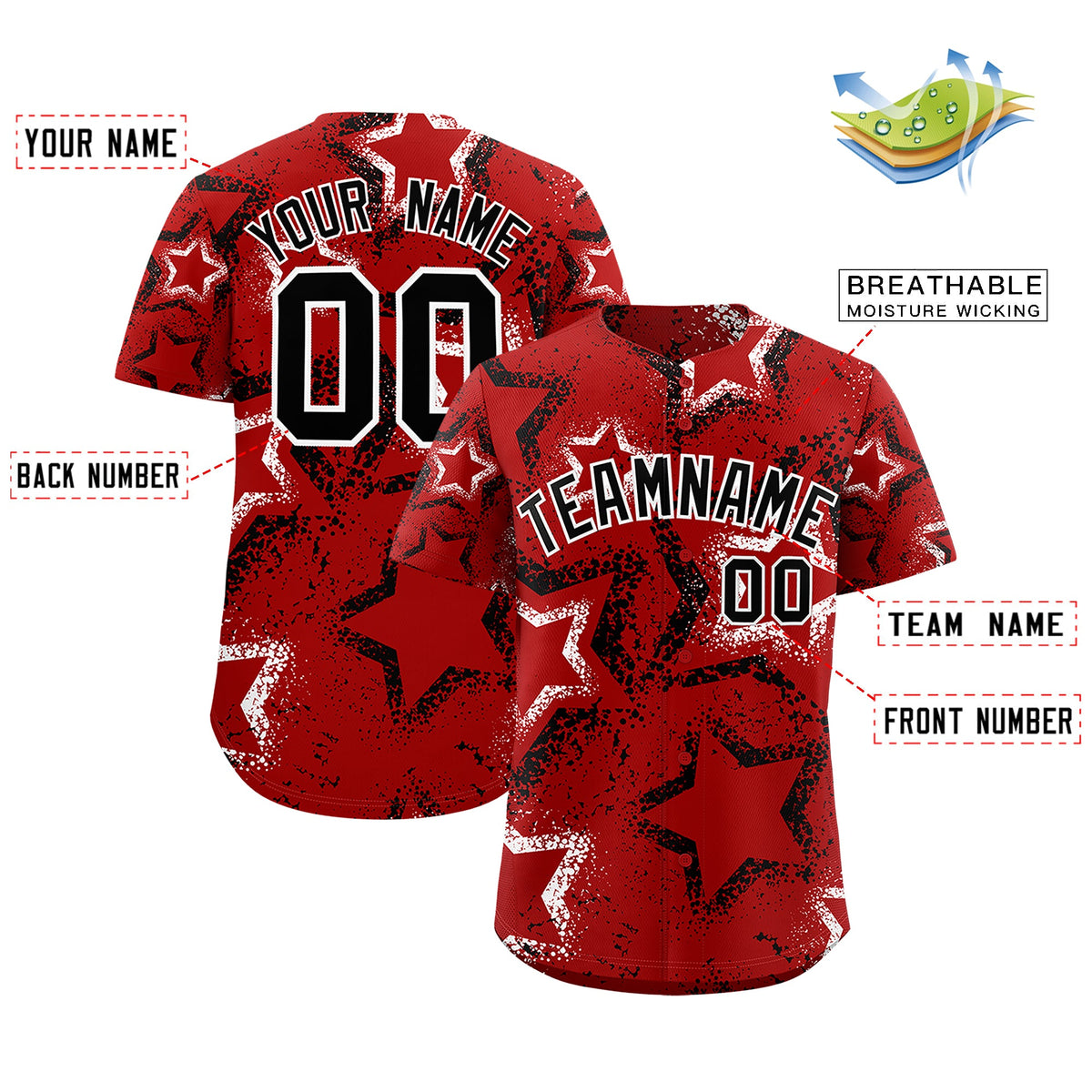 Custom Red White Black Star-Shaped Ink Texture Graffiti Pattern Baseball Jersey | Sublimation Printed &amp; Stitched,Add Name and Numbern,Perfect for Parties,Perfect for Training | KXKSHOP