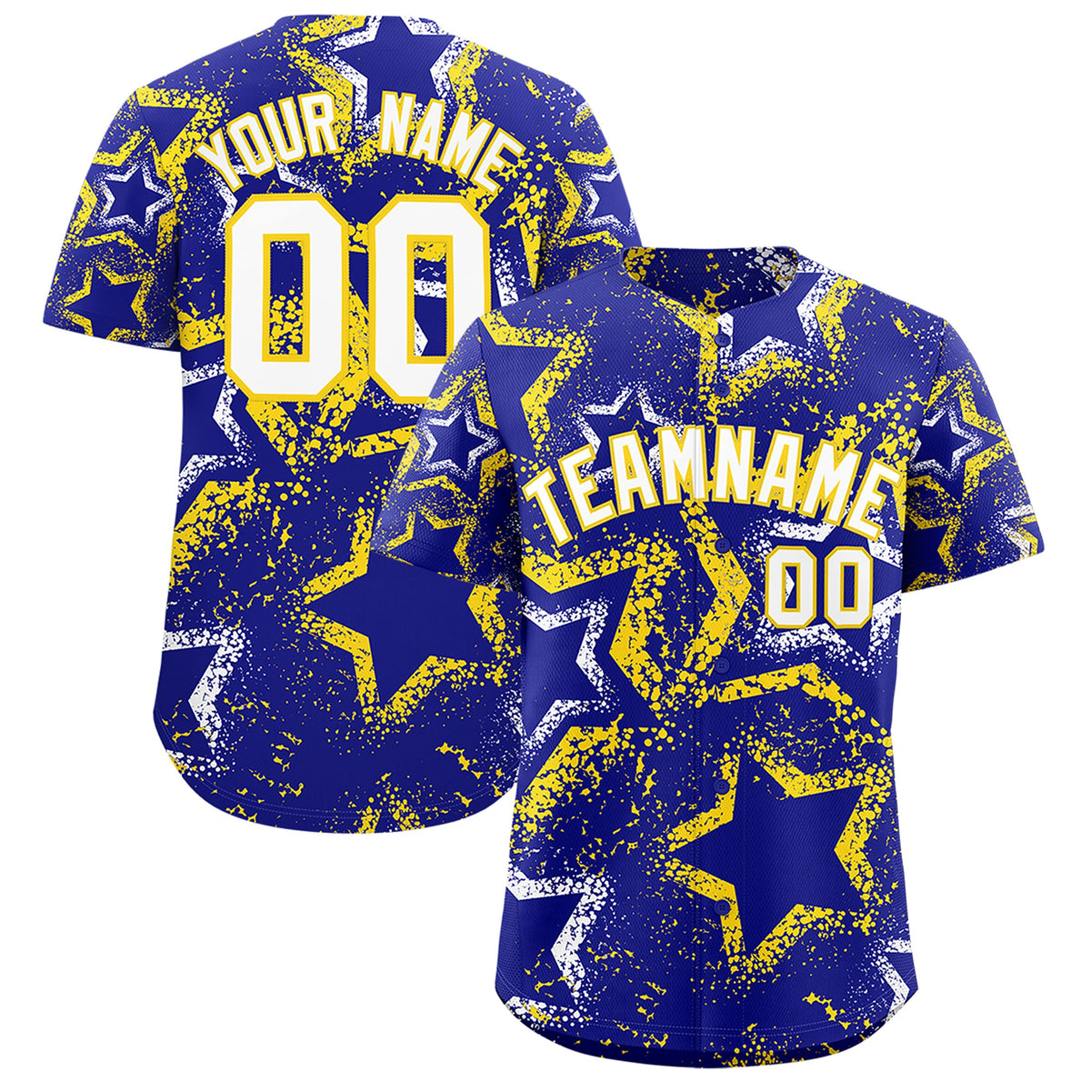Custom Royal Blue White Gold Star-Shaped Ink Texture Graffiti Pattern Baseball Jersey | Sublimation Printed &amp; Stitched,Add Name and Numbern,Perfect for Parties,Perfect for Training | KXKSHOP