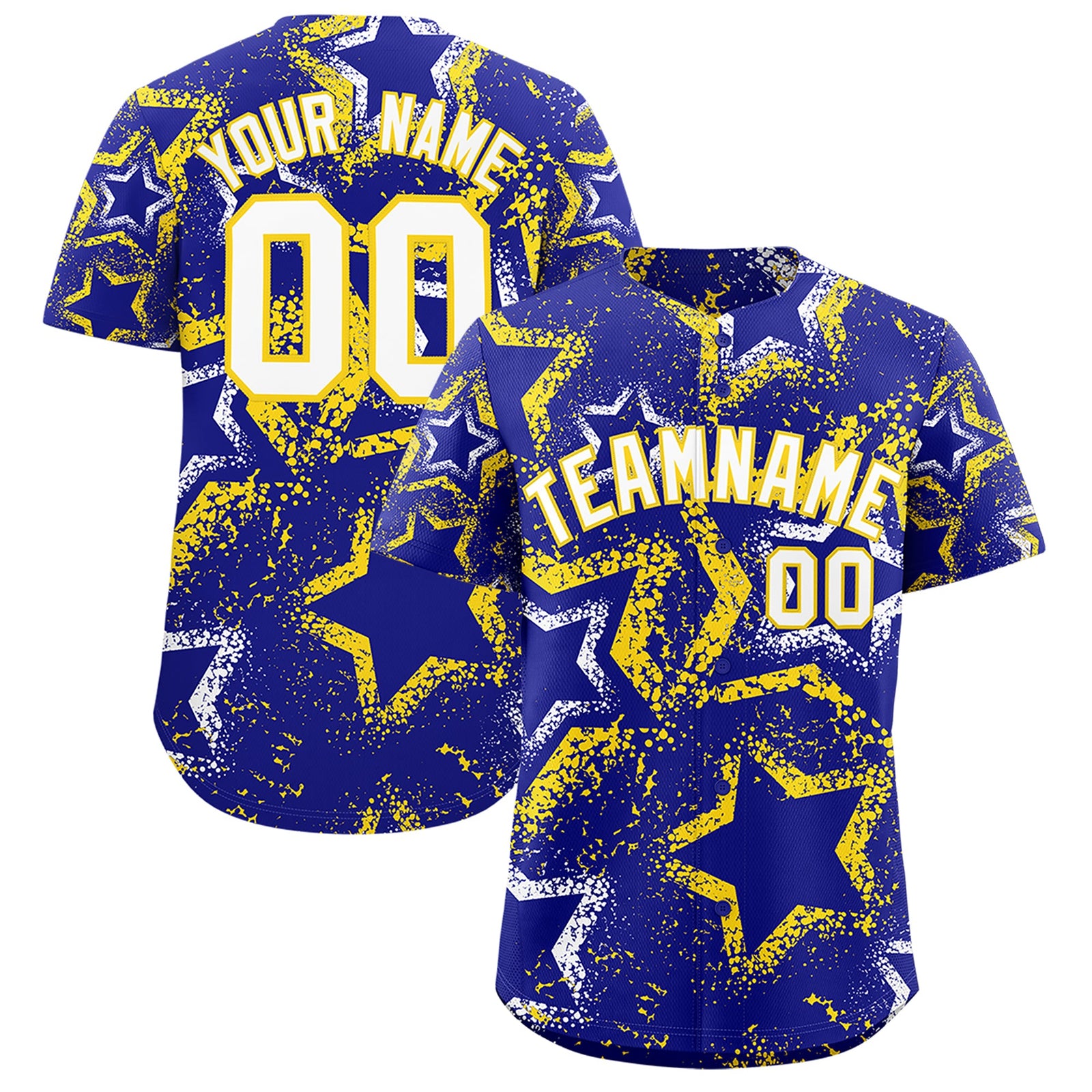 Custom Royal Blue White Gold Star-Shaped Ink Texture Graffiti Pattern Baseball Jersey | Sublimation Printed & Stitched,Add Name and Numbern,Perfect for Parties,Perfect for Training | KXKSHOP