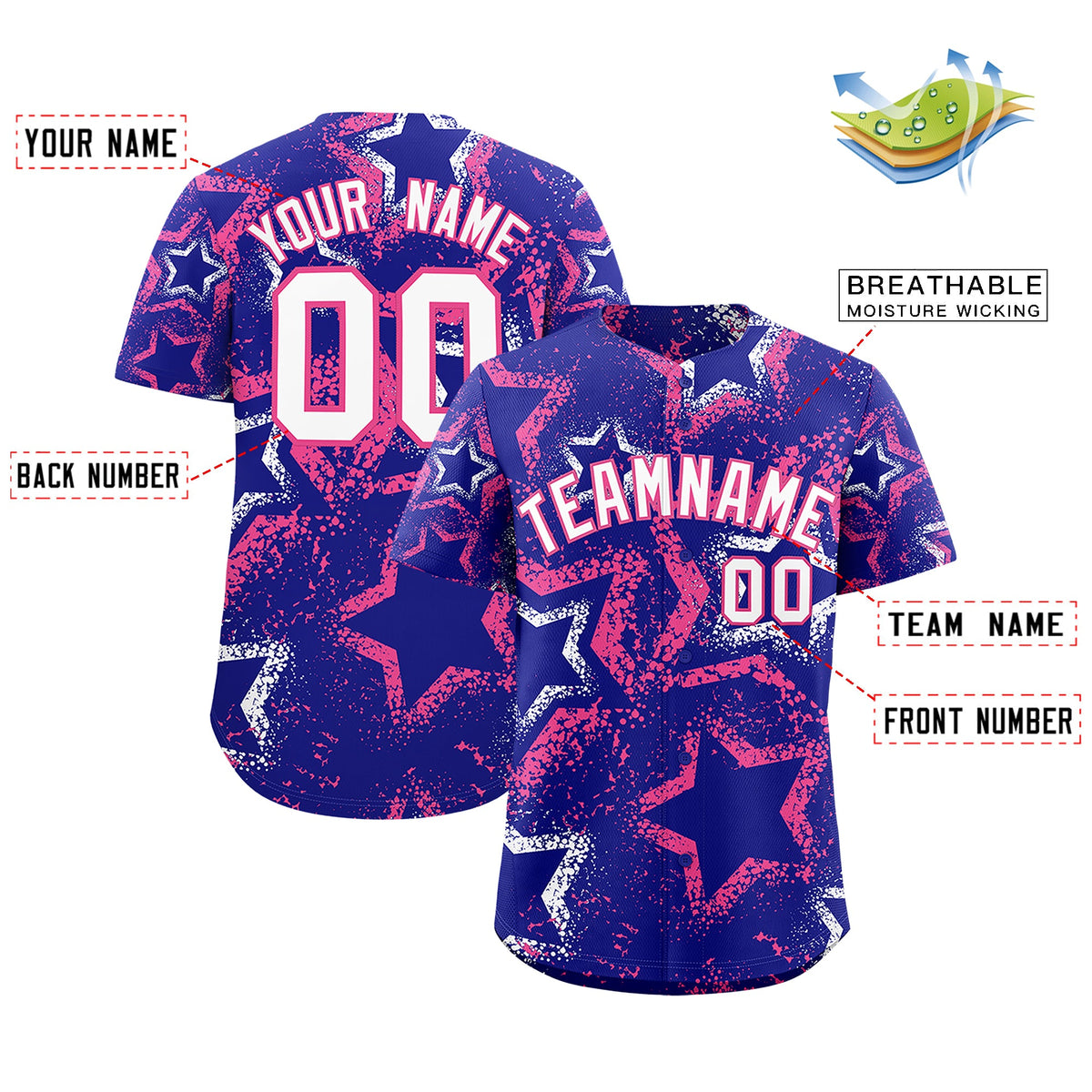 Custom Royal Blue White Pink Star-Shaped Ink Texture Graffiti Pattern Baseball Jersey | Sublimation Printed &amp; Stitched,Add Name and Numbern,Perfect for Parties,Perfect for Training | KXKSHOP