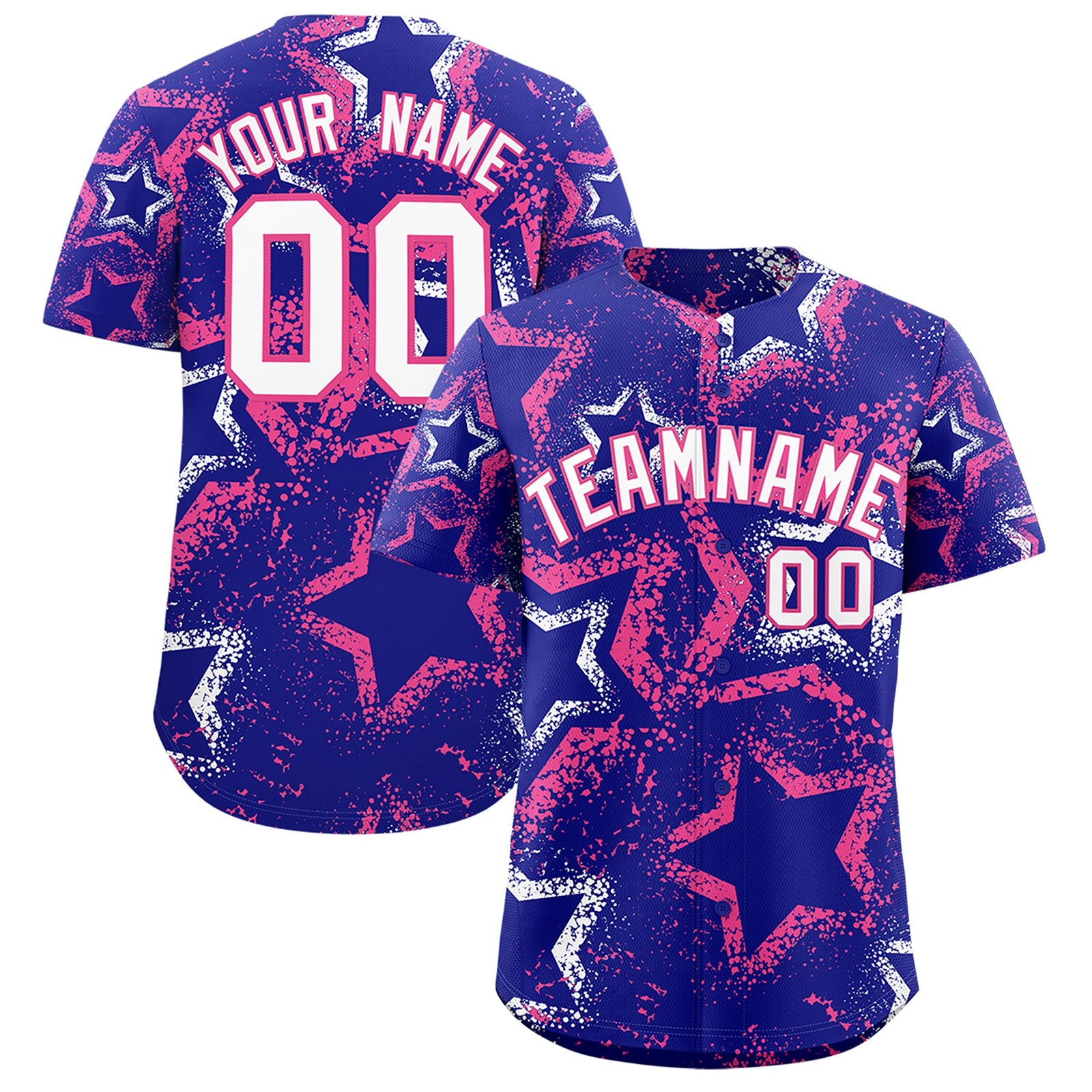Custom Royal Blue White Pink Star-Shaped Ink Texture Graffiti Pattern Baseball Jersey | Sublimation Printed & Stitched,Add Name and Numbern,Perfect for Parties,Perfect for Training | KXKSHOP