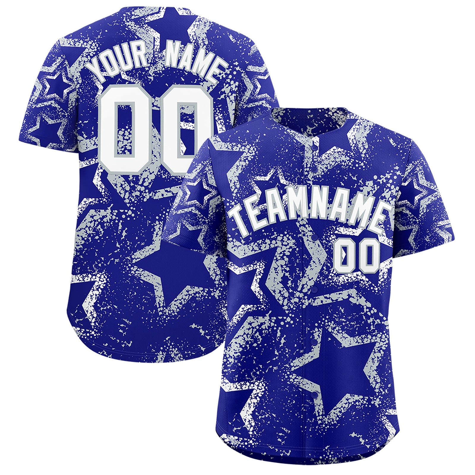Custom Royal Blue White Silver Star-Shaped Ink Texture Graffiti Pattern Baseball Jersey | Sublimation Printed & Stitched,Add Name and Numbern,Perfect for Parties,Perfect for Training | KXKSHOP