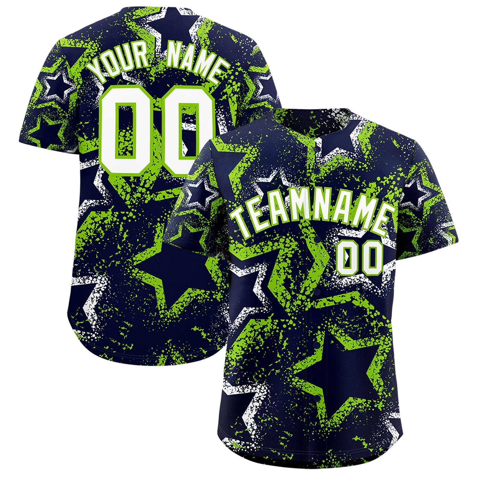 Custom Navy White Neon Green Star-Shaped Ink Texture Graffiti Pattern Baseball Jersey | Sublimation Printed & Stitched,Add Name and Numbern,Perfect for Parties,Perfect for Training | KXKSHOP