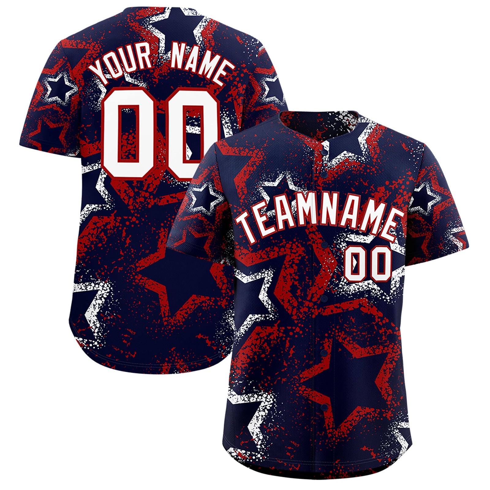 Custom Navy White Red Star-Shaped Ink Texture Graffiti Pattern Baseball Jersey | Sublimation Printed & Stitched,Add Name and Numbern,Perfect for Parties,Perfect for Training | KXKSHOP