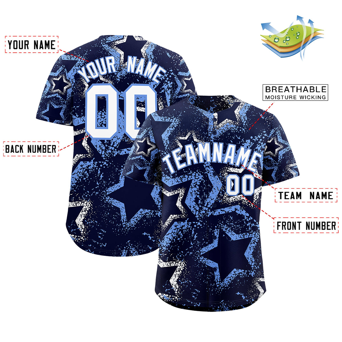 Custom Navy White Light Blue Star-Shaped Ink Texture Graffiti Pattern Baseball Jersey | Sublimation Printed &amp; Stitched,Add Name and Numbern,Perfect for Parties,Perfect for Training | KXKSHOP