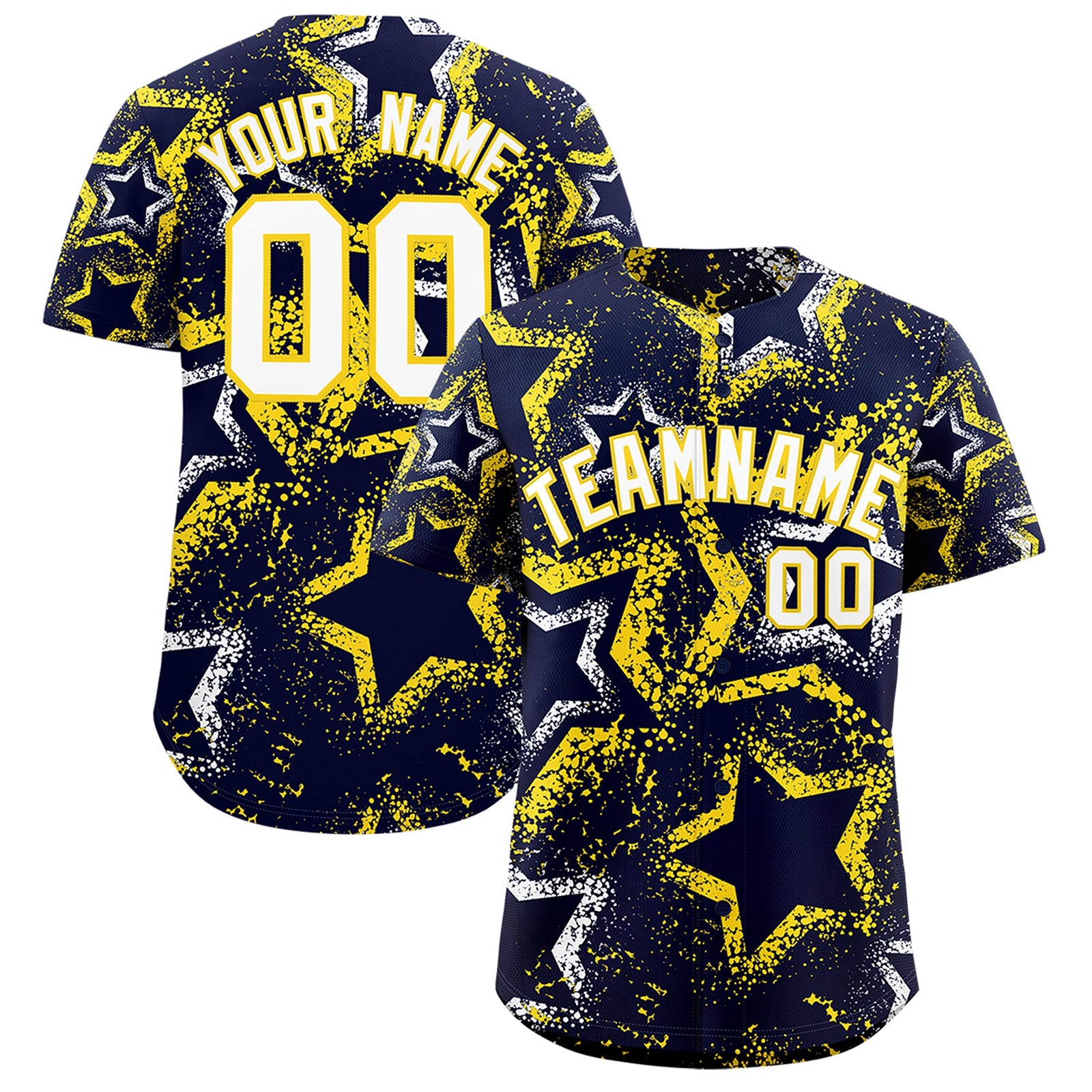 Custom Navy White Gold Star-Shaped Ink Texture Graffiti Pattern Baseball Jersey | Sublimation Printed & Stitched,Add Name and Numbern,Perfect for Parties,Perfect for Training | KXKSHOP