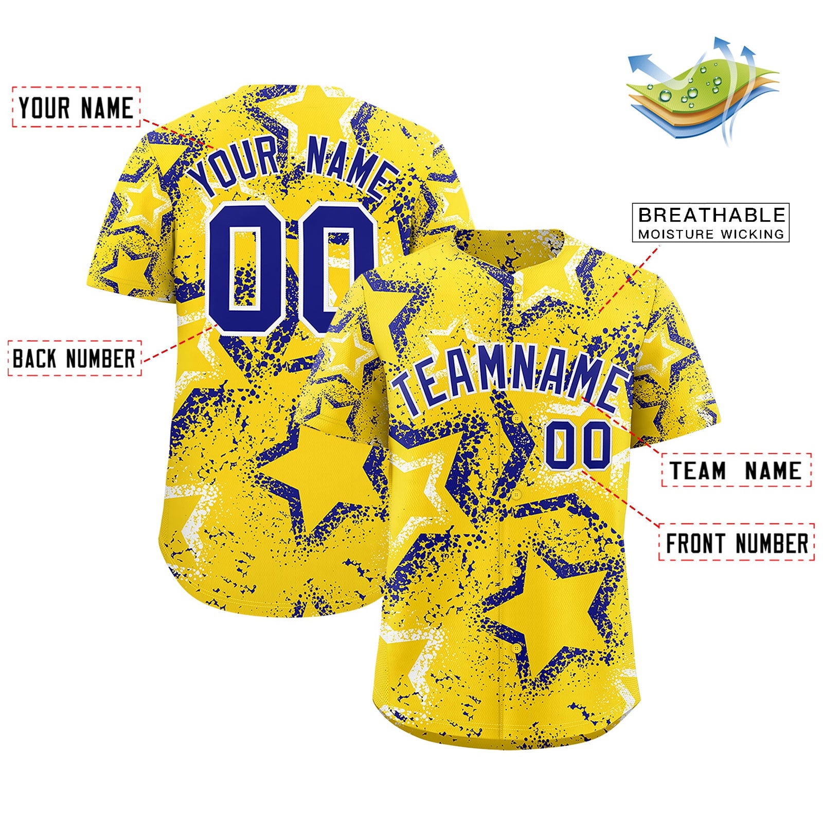 Custom Gold White Royal Blue Star-Shaped Ink Texture Graffiti Pattern Baseball Jersey | Sublimation Printed & Stitched,Add Name and Numbern,Perfect for Parties,Perfect for Training | KXKSHOP