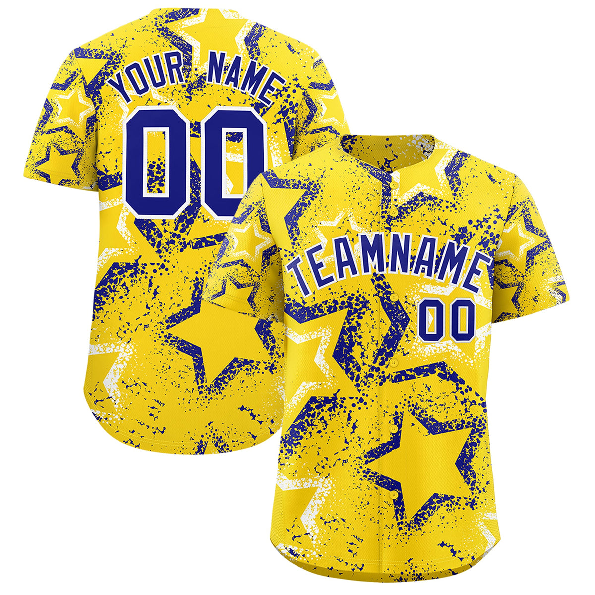 Custom Gold White Royal Blue Star-Shaped Ink Texture Graffiti Pattern Baseball Jersey | Sublimation Printed &amp; Stitched,Add Name and Numbern,Perfect for Parties,Perfect for Training | KXKSHOP