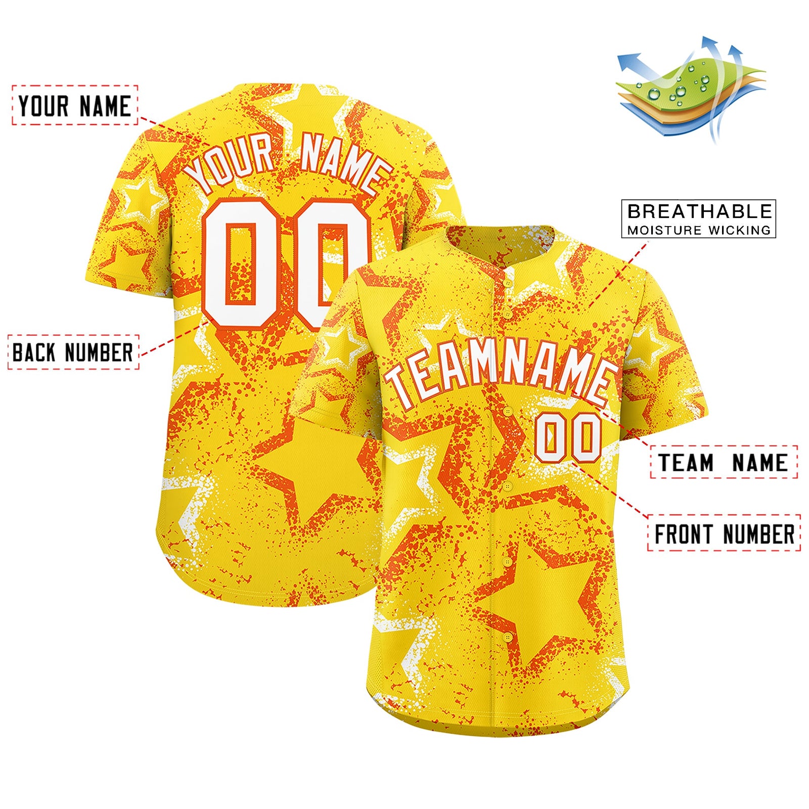 Custom Gold Orange White Star-Shaped Ink Texture Graffiti Pattern Baseball Jersey | Sublimation Printed & Stitched,Add Name and Numbern,Perfect for Parties,Perfect for Training | KXKSHOP