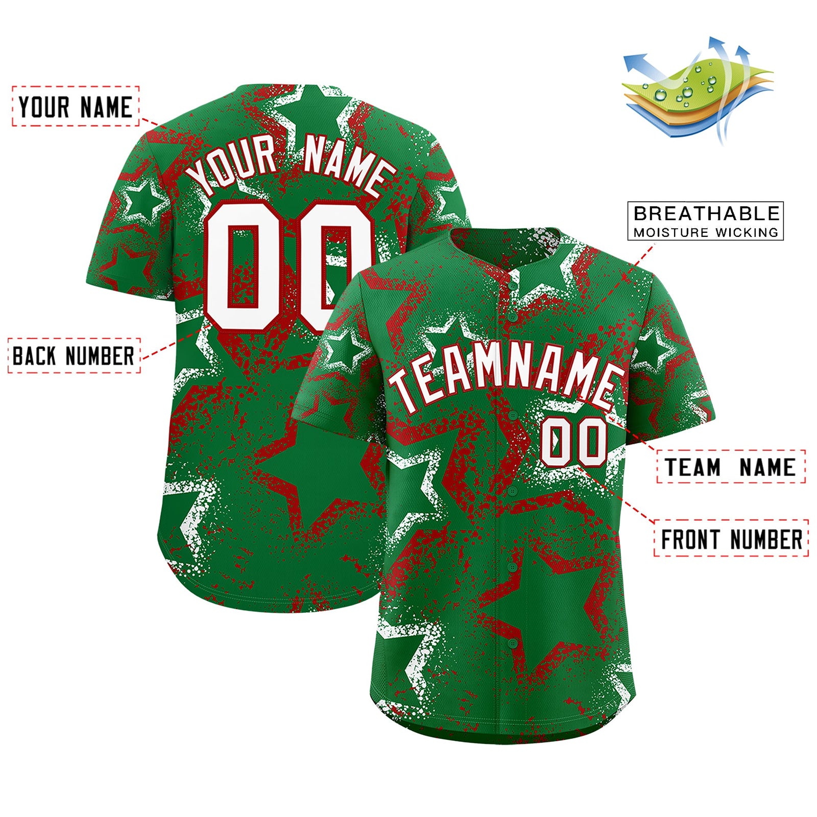 Custom Kelly Green White Red Star-Shaped Ink Texture Graffiti Pattern Baseball Jersey | Sublimation Printed & Stitched,Add Name and Numbern,Perfect for Parties,Perfect for Training | KXKSHOP
