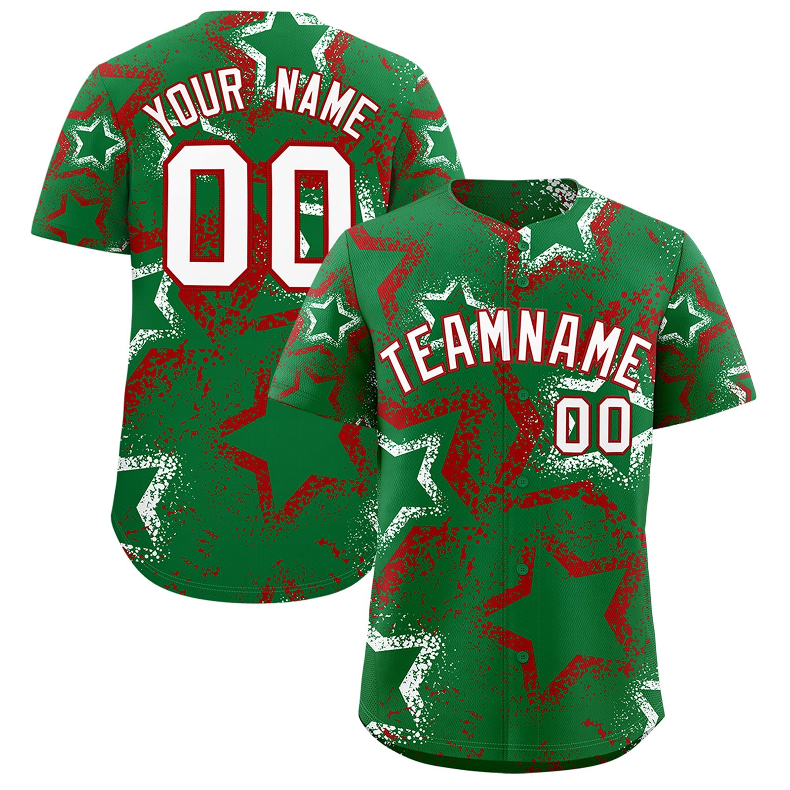 Custom Kelly Green White Red Star-Shaped Ink Texture Graffiti Pattern Baseball Jersey | Sublimation Printed & Stitched,Add Name and Numbern,Perfect for Parties,Perfect for Training | KXKSHOP