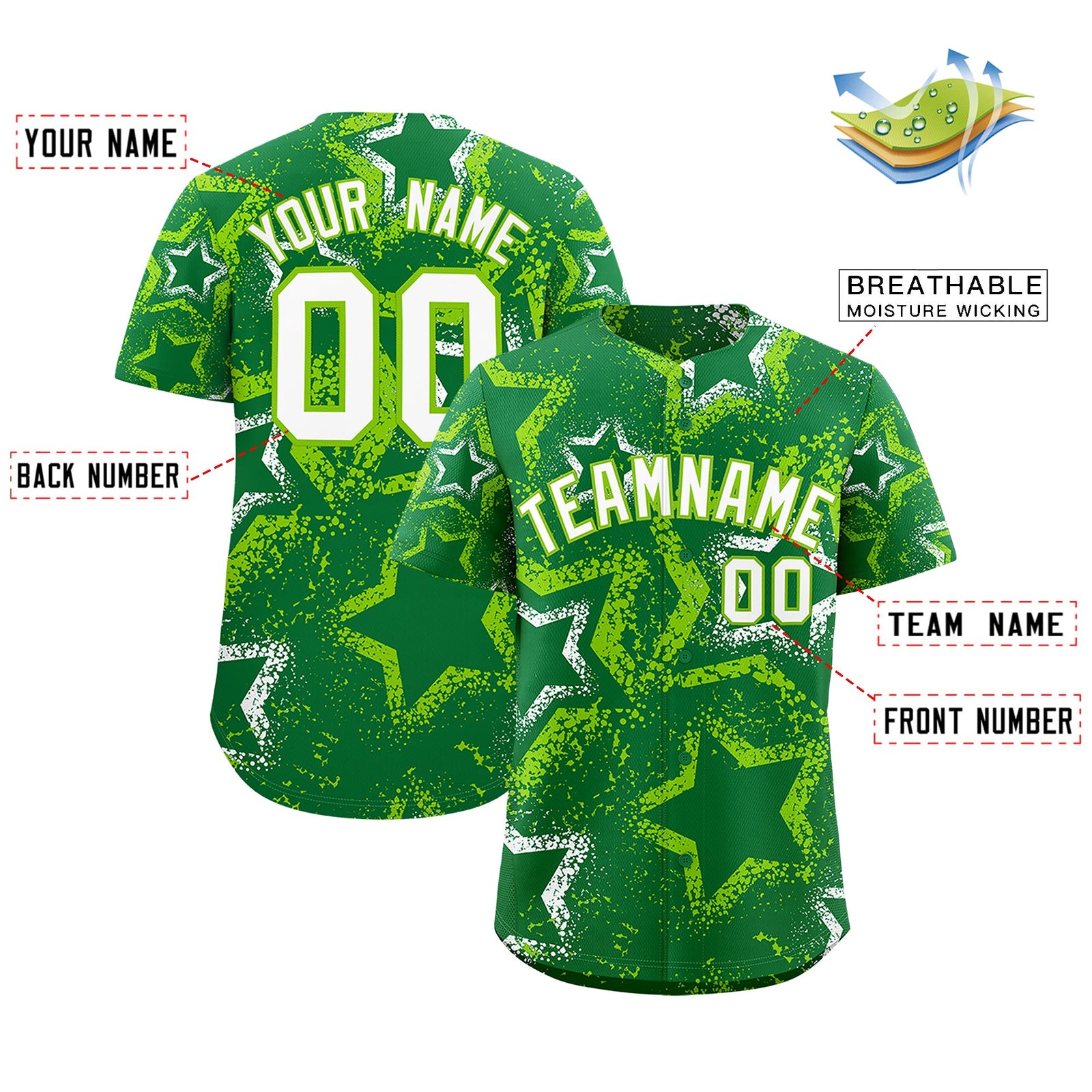 Custom Kelly Green White Neon Green Star-Shaped Ink Texture Graffiti Pattern Baseball Jersey | Sublimation Printed & Stitched,Add Name and Numbern,Perfect for Parties,Perfect for Training | KXKSHOP