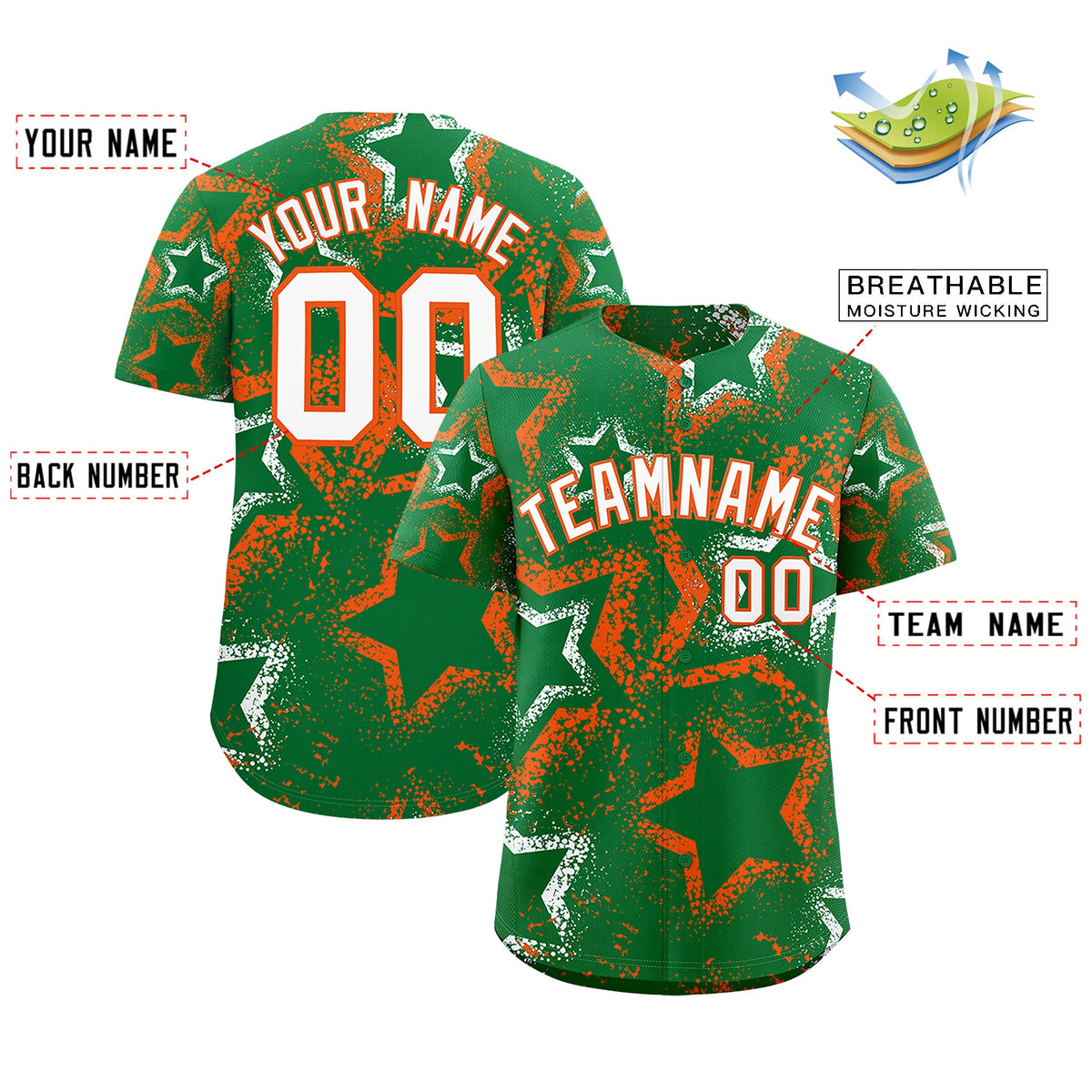 Custom Kelly Green White Orange Star-Shaped Ink Texture Graffiti Pattern Baseball Jersey | Sublimation Printed & Stitched,Add Name and Numbern,Perfect for Parties,Perfect for Training | KXKSHOP