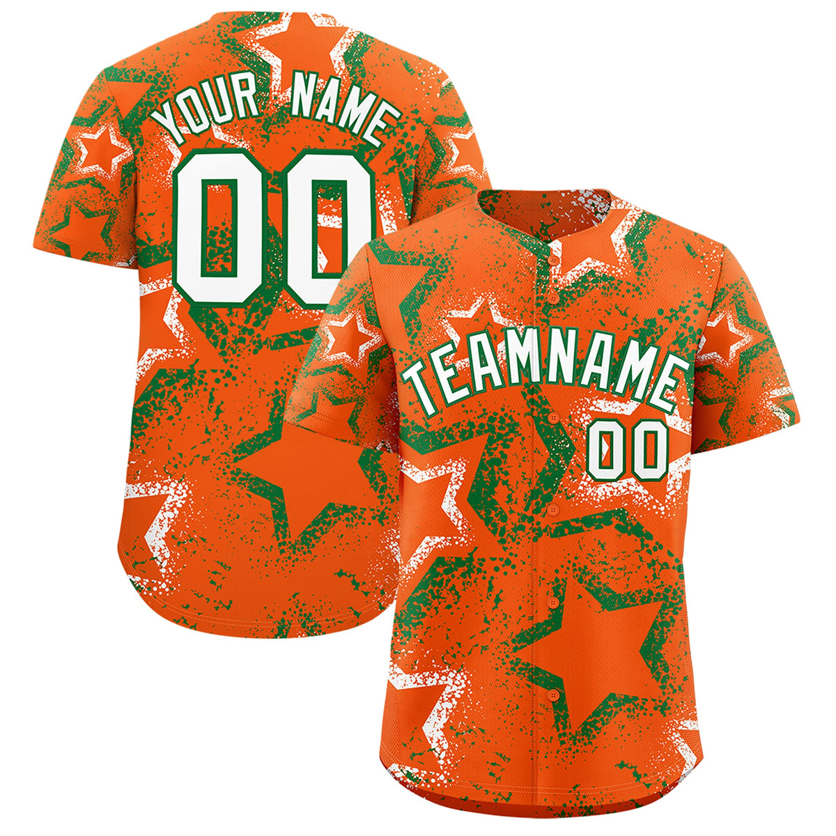 Custom Orange White Kelly Green Star-Shaped Ink Texture Graffiti Pattern Baseball Jersey | Sublimation Printed & Stitched,Add Name and Numbern,Perfect for Parties,Perfect for Training | KXKSHOP