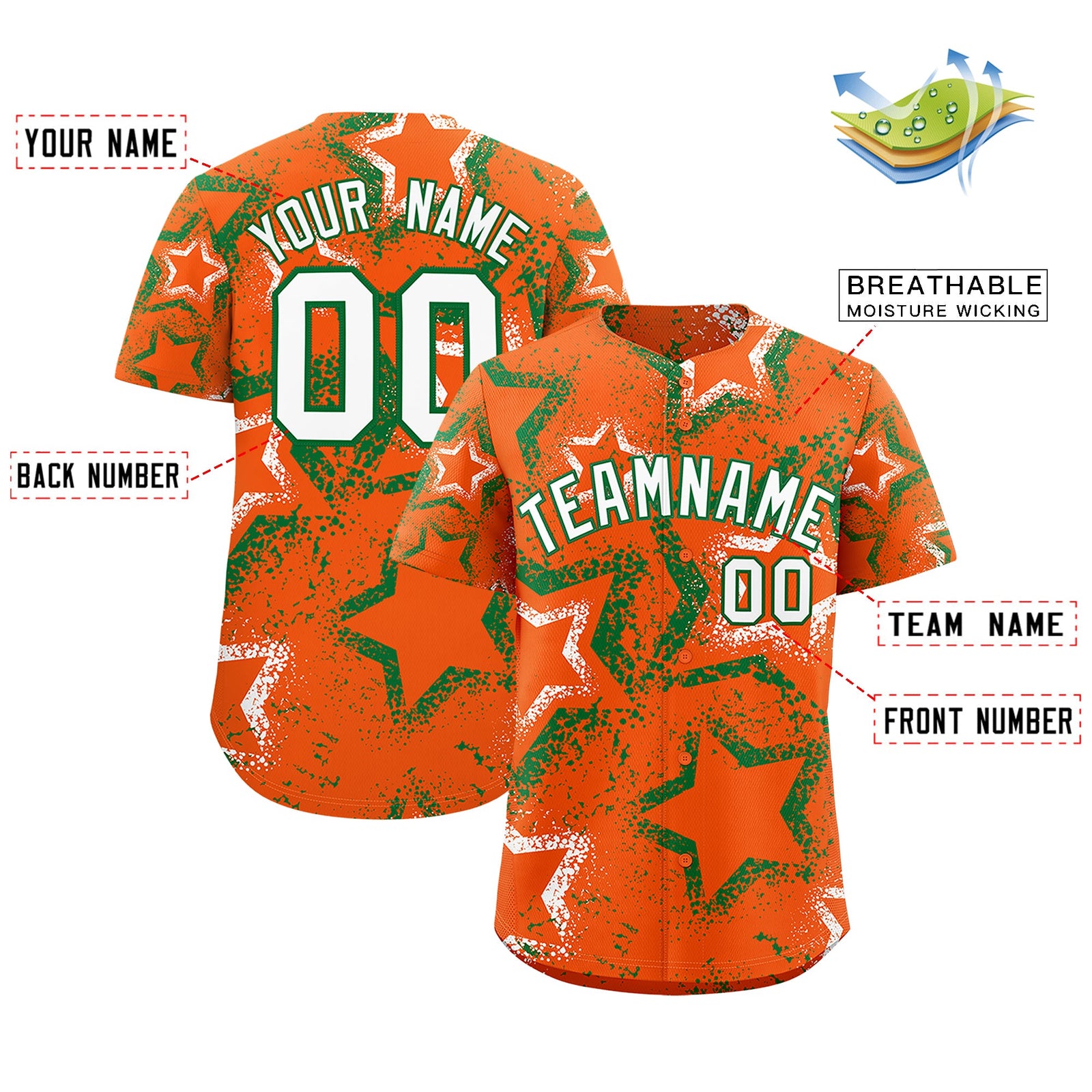 Custom Orange Kelly Green White Star-Shaped Ink Texture Graffiti Pattern Baseball Jersey | Sublimation Printed & Stitched,Add Name and Numbern,Perfect for Parties,Perfect for Training | KXKSHOP