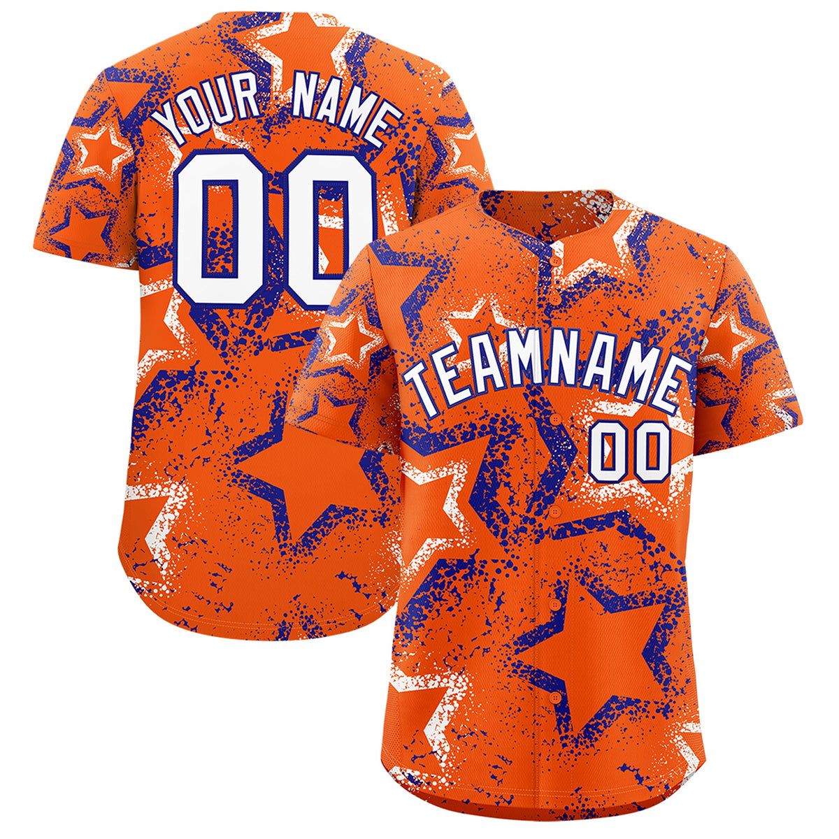 Custom Orange White Royal Blue Star-Shaped Ink Texture Graffiti Pattern Baseball Jersey | Sublimation Printed &amp; Stitched,Add Name and Numbern,Perfect for Parties,Perfect for Training | KXKSHOP