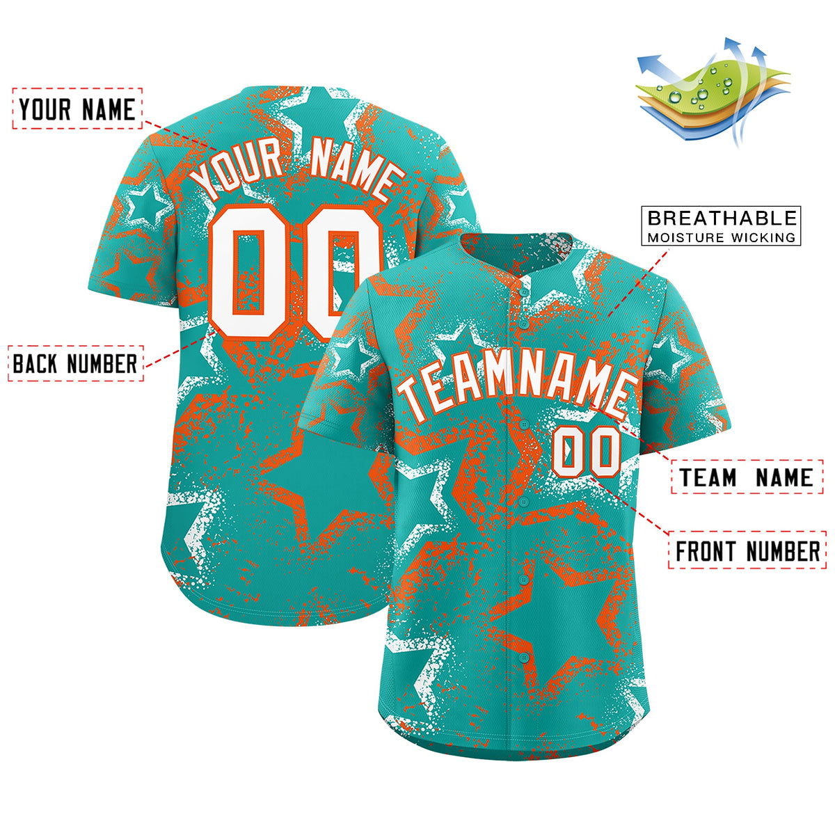 Custom Aqua White Orange Star-Shaped Ink Texture Graffiti Pattern Baseball Jersey | Sublimation Printed &amp; Stitched,Add Name and Numbern,Perfect for Parties,Perfect for Training | KXKSHOP