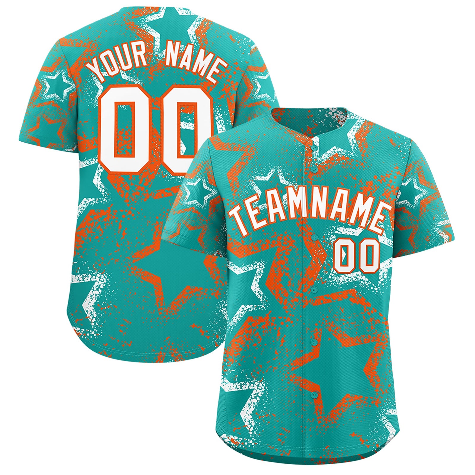 Custom Aqua White Orange Star-Shaped Ink Texture Graffiti Pattern Baseball Jersey | Sublimation Printed & Stitched,Add Name and Numbern,Perfect for Parties,Perfect for Training | KXKSHOP