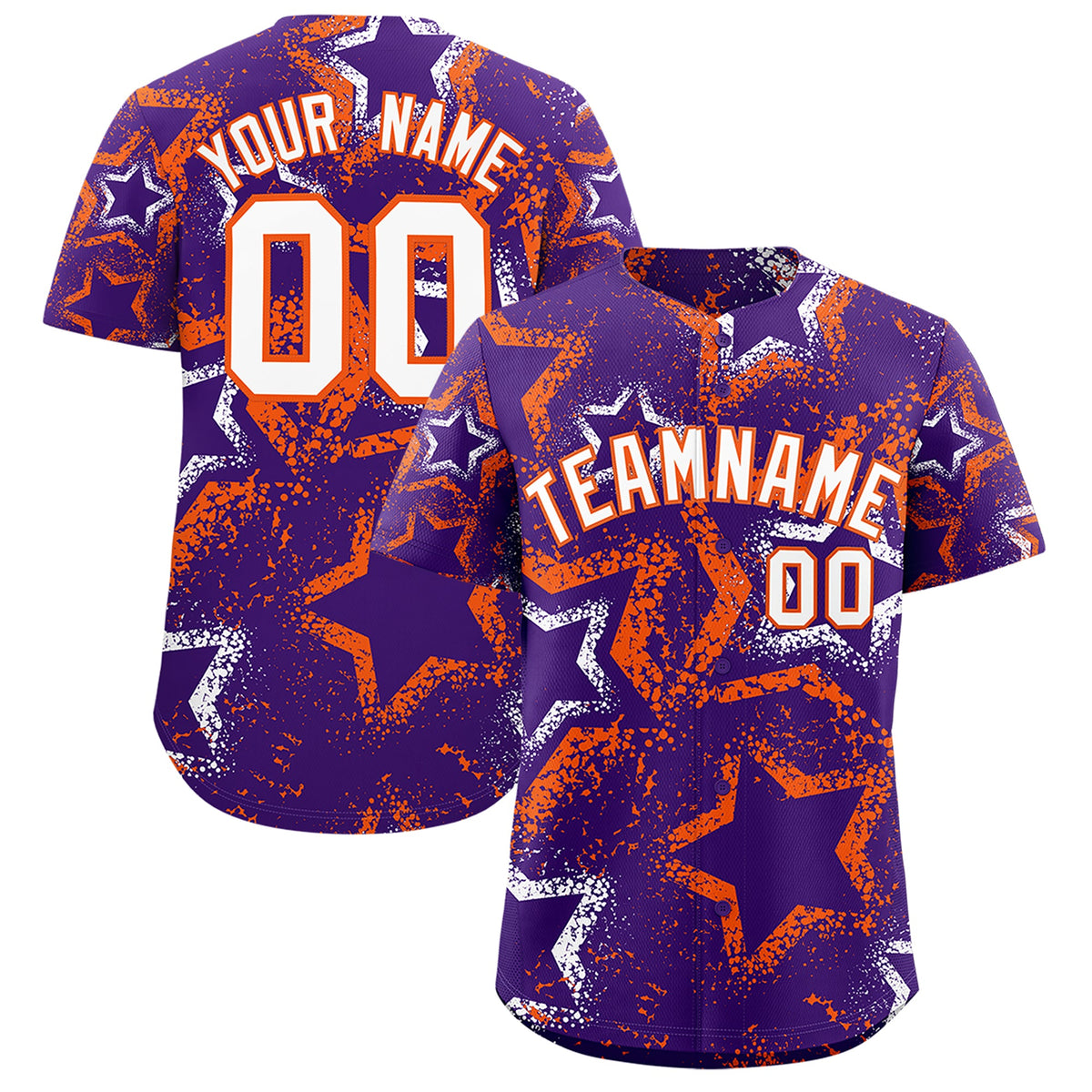 Custom Purple White Orange Star-Shaped Ink Texture Graffiti Pattern Baseball Jersey | Sublimation Printed & Stitched,Add Name and Numbern,Perfect for Parties,Perfect for Training | KXKSHOP