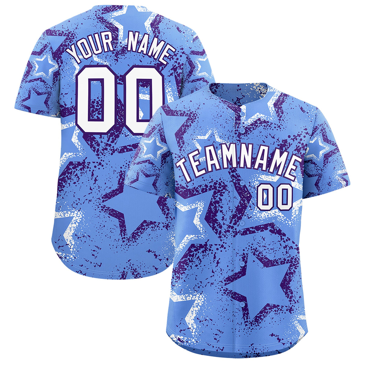 Custom Light Blue White Purple Star-Shaped Ink Texture Graffiti Pattern Baseball Jersey | Sublimation Printed &amp; Stitched,Add Name and Numbern,Perfect for Parties,Perfect for Training | KXKSHOP