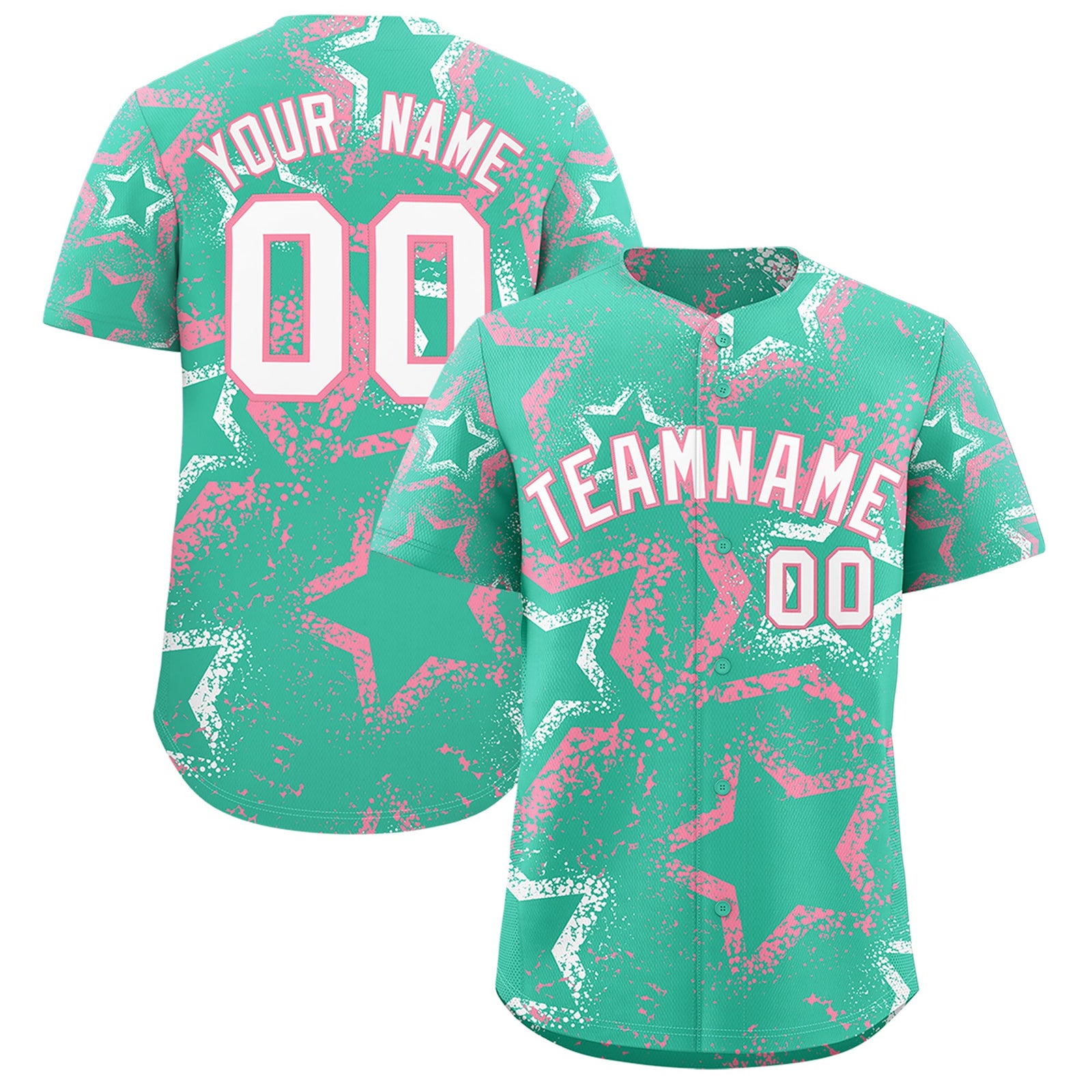 Custom Bright Green White Light Pink Star-Shaped Ink Texture Graffiti Pattern Baseball Jersey | Sublimation Printed & Stitched,Add Name and Numbern,Perfect for Parties,Perfect for Training | KXKSHOP
