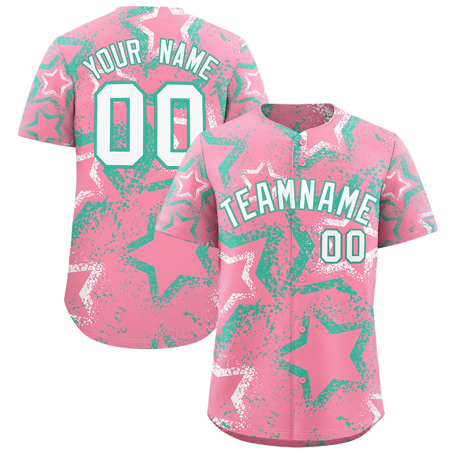 Custom Light Pink White Bright Green Star-Shaped Ink Texture Graffiti Pattern Baseball Jersey | Sublimation Printed & Stitched,Add Name and Numbern,Perfect for Parties,Perfect for Training | KXKSHOP