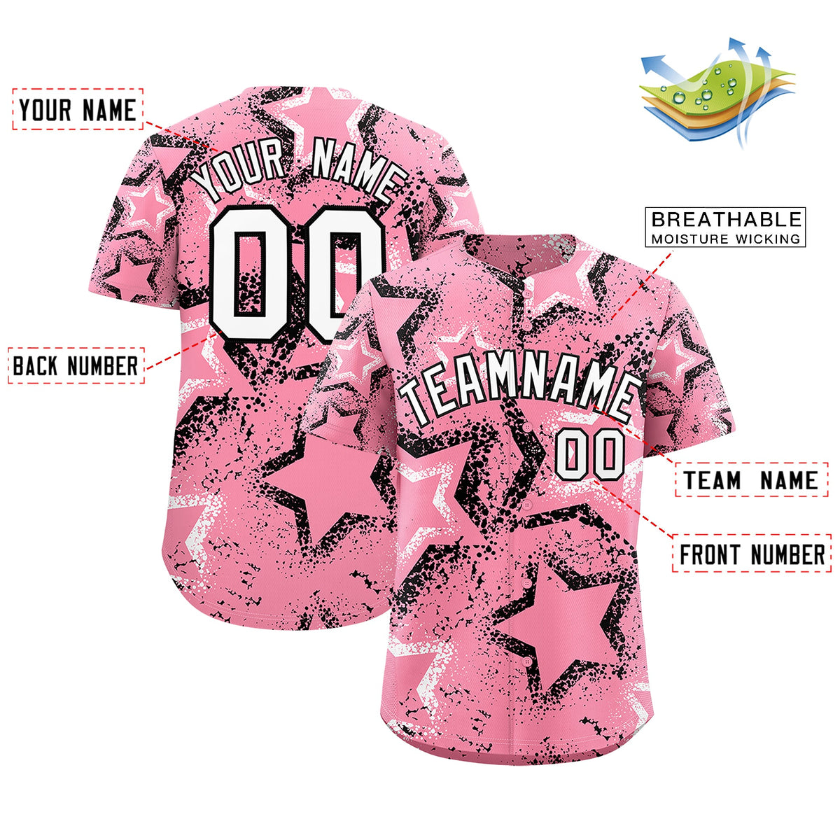 Custom Light Pink White Black Star-Shaped Ink Texture Graffiti Pattern Baseball Jersey | Sublimation Printed &amp; Stitched,Add Name and Numbern,Perfect for Parties,Perfect for Training | KXKSHOP