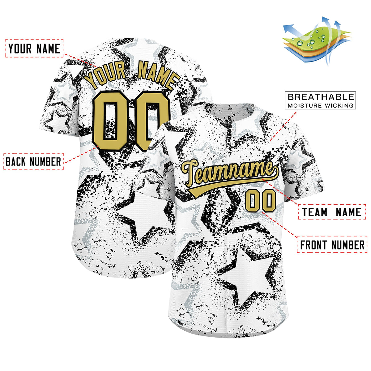 Custom White Silver Old Gold Star-Shaped Ink Texture Graffiti Pattern Baseball Jersey | Sublimation Printed &amp; Stitched,Add Name and Numbern,Perfect for Parties,Perfect for Training | KXKSHOP