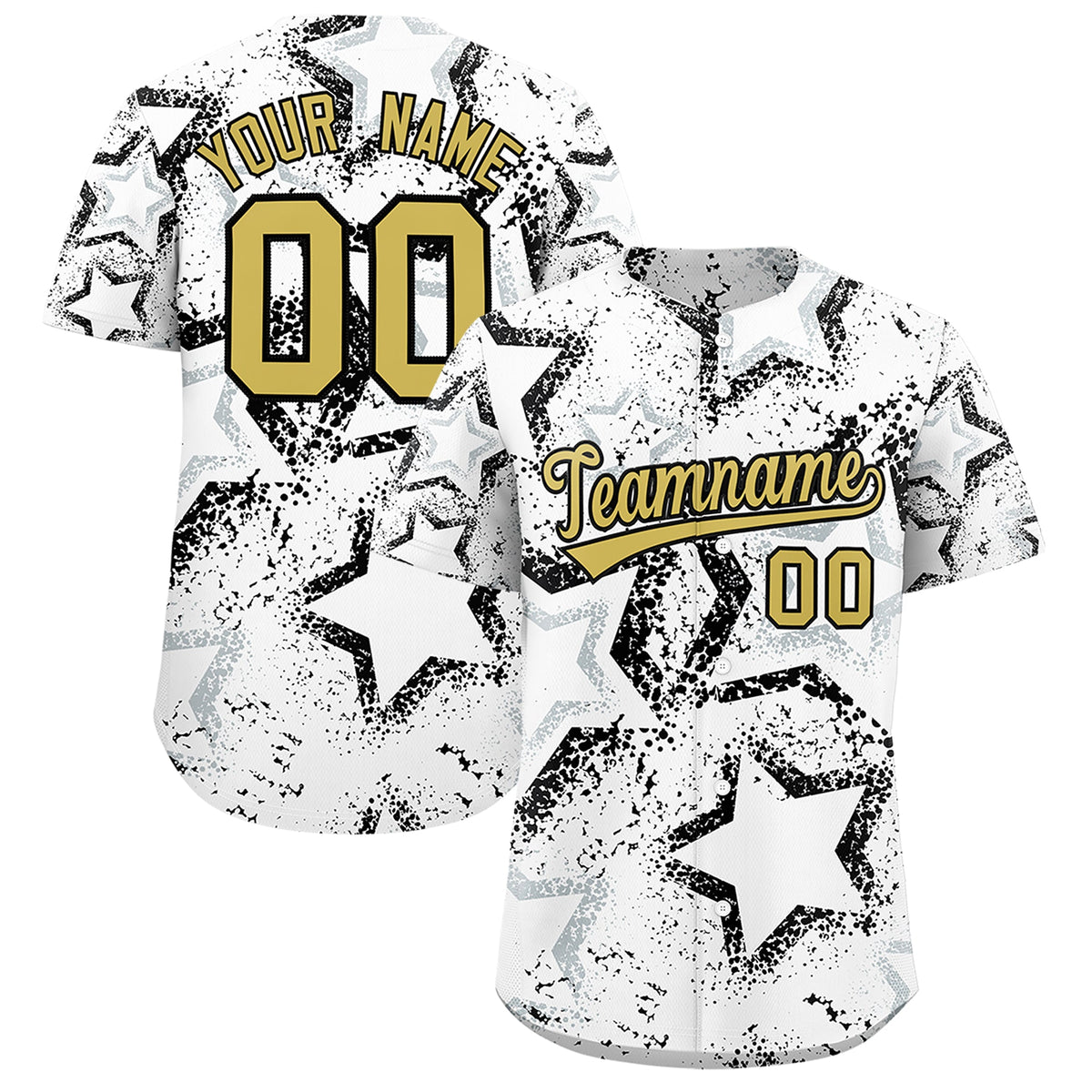 Custom White Silver Old Gold Star-Shaped Ink Texture Graffiti Pattern Baseball Jersey | Sublimation Printed &amp; Stitched,Add Name and Numbern,Perfect for Parties,Perfect for Training | KXKSHOP