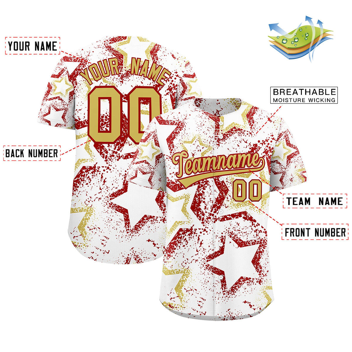 Custom White Old Gold Red Star-Shaped Ink Texture Graffiti Pattern Baseball Jersey | Sublimation Printed &amp; Stitched,Add Name and Numbern,Perfect for Parties,Perfect for Training | KXKSHOP