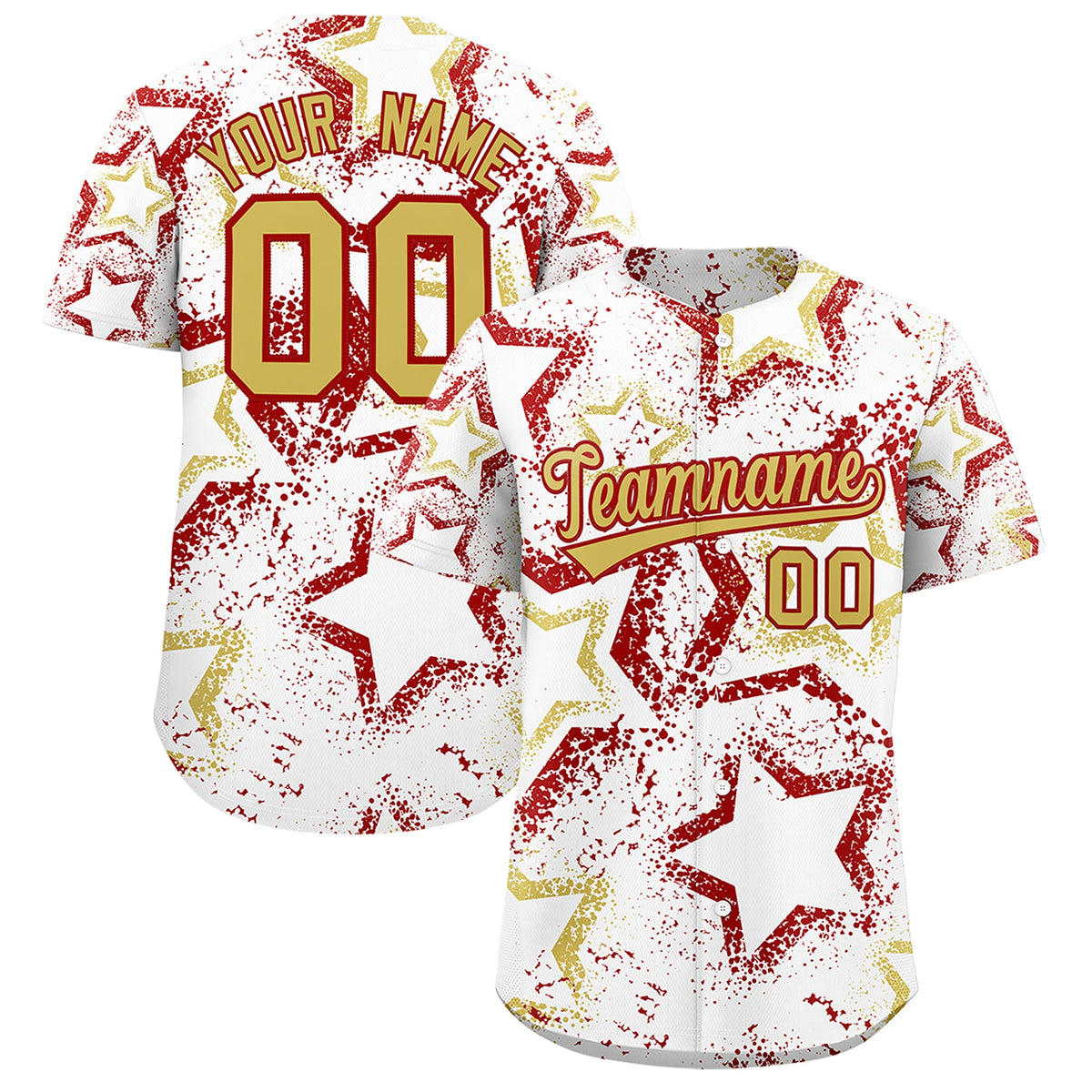 Custom White Old Gold Red Star-Shaped Ink Texture Graffiti Pattern Baseball Jersey | Sublimation Printed &amp; Stitched,Add Name and Numbern,Perfect for Parties,Perfect for Training | KXKSHOP