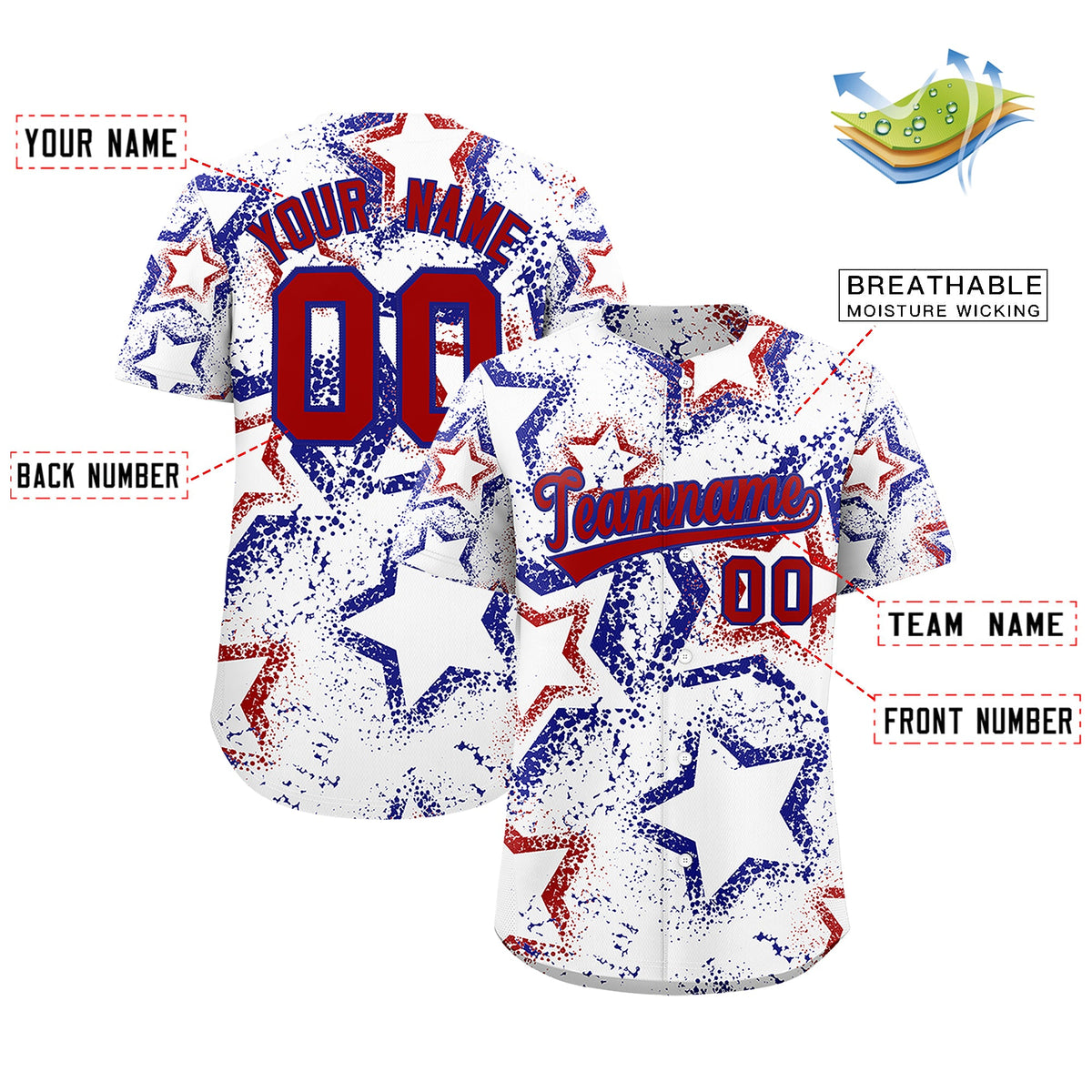 Custom White Royal Blue Red Star-Shaped Ink Texture Graffiti Pattern Baseball Jersey | Sublimation Printed &amp; Stitched,Add Name and Numbern,Perfect for Parties,Perfect for Training | KXKSHOP
