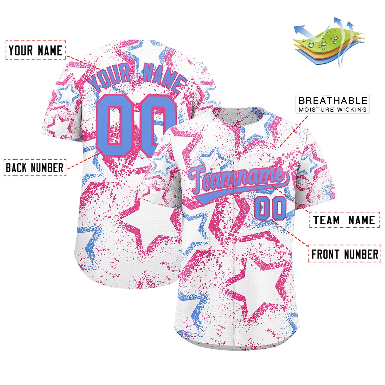 Custom White Pink Light Blue Star-Shaped Ink Texture Graffiti Pattern Baseball Jersey | Sublimation Printed & Stitched,Add Name and Numbern,Perfect for Parties,Perfect for Training | KXKSHOP