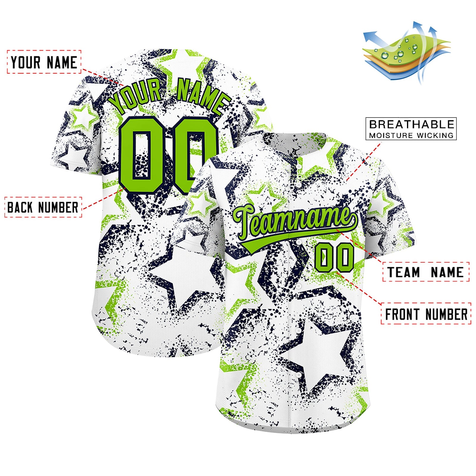 Custom White Neon Green Navy Star-Shaped Ink Texture Graffiti Pattern Baseball Jersey | Sublimation Printed & Stitched,Add Name and Numbern,Perfect for Parties,Perfect for Training | KXKSHOP