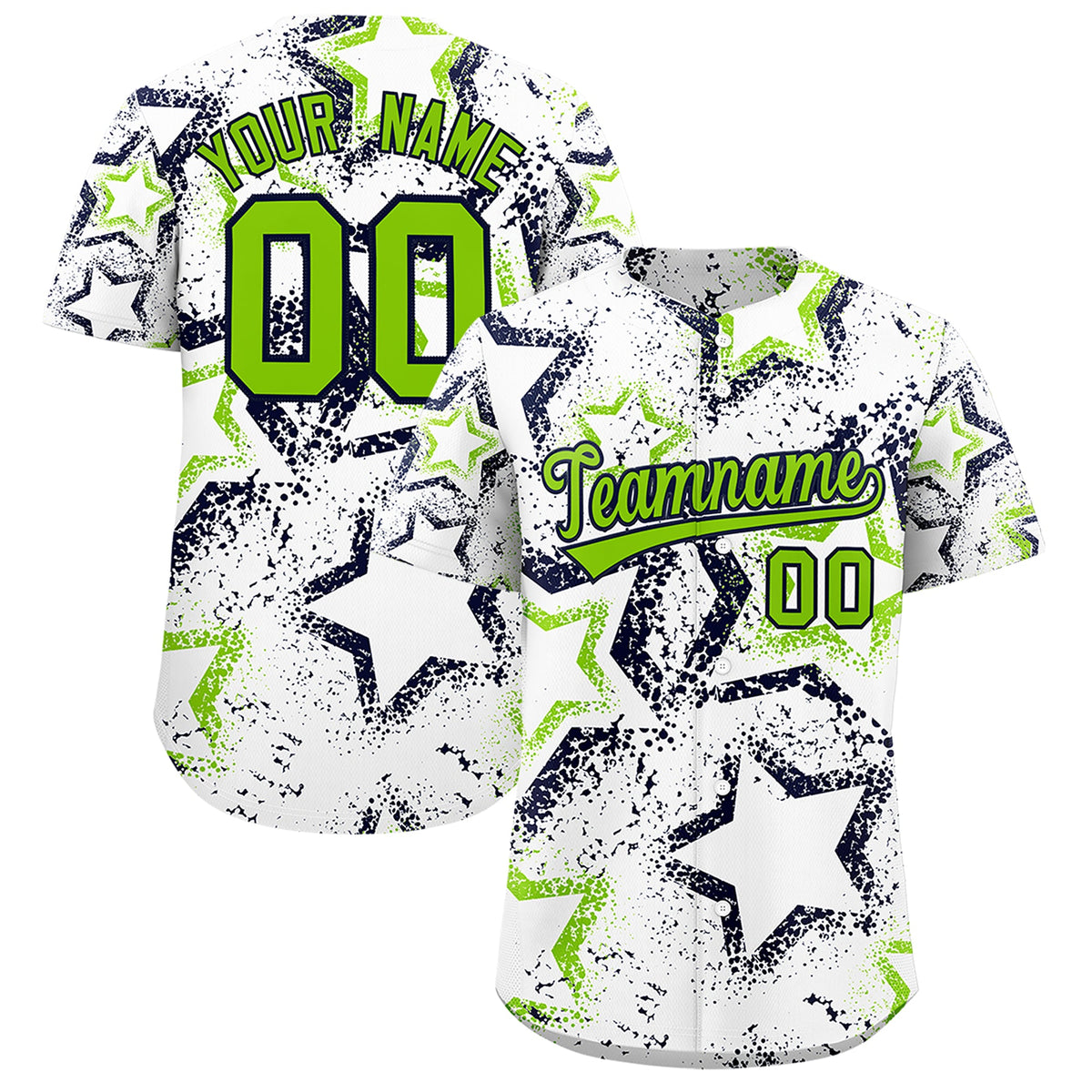 Custom White Neon Green Navy Star-Shaped Ink Texture Graffiti Pattern Baseball Jersey | Sublimation Printed & Stitched,Add Name and Numbern,Perfect for Parties,Perfect for Training | KXKSHOP