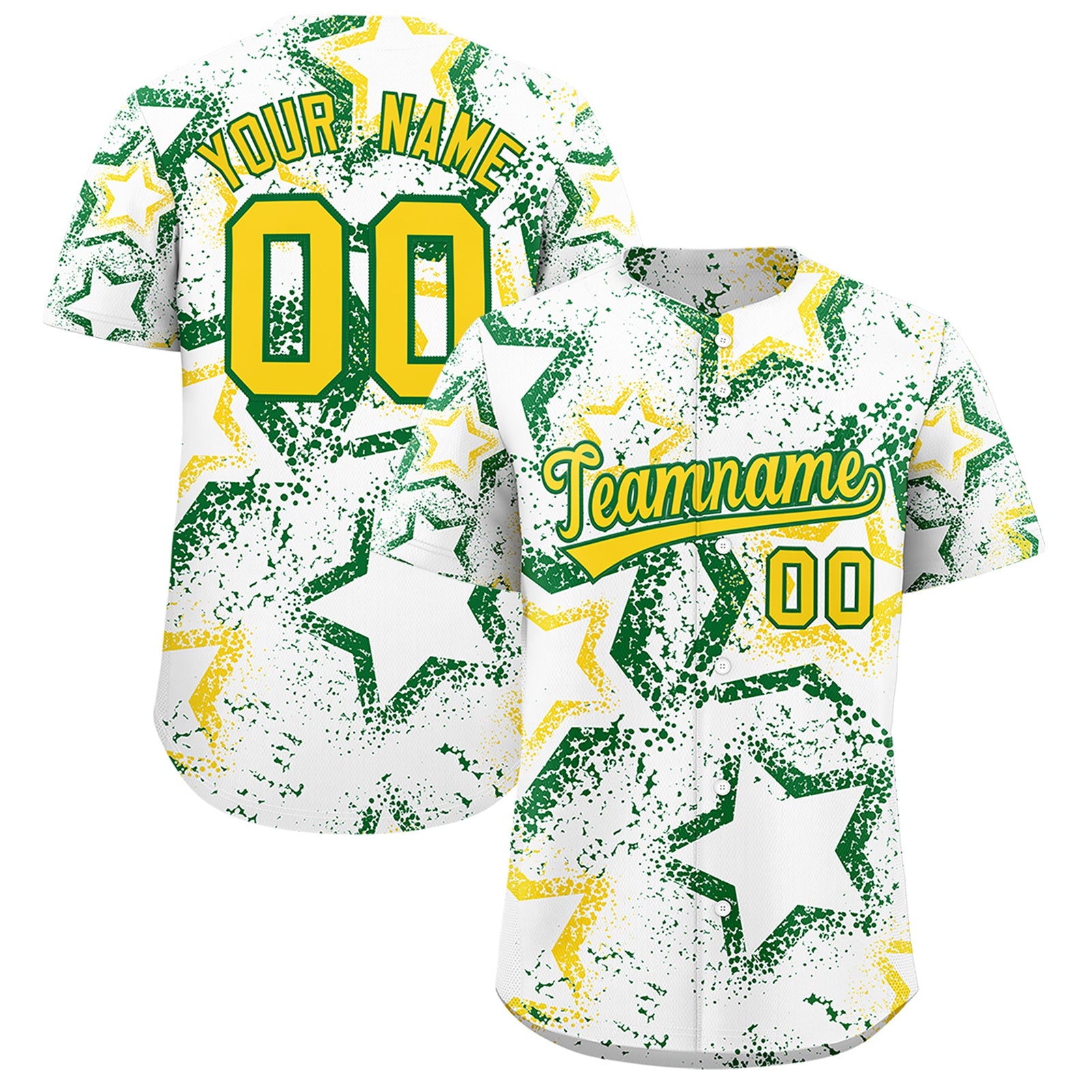 Custom White Kelly Green Gold Star-Shaped Ink Texture Graffiti Pattern Baseball Jersey | Sublimation Printed & Stitched,Add Name and Numbern,Perfect for Parties,Perfect for Training | KXKSHOP