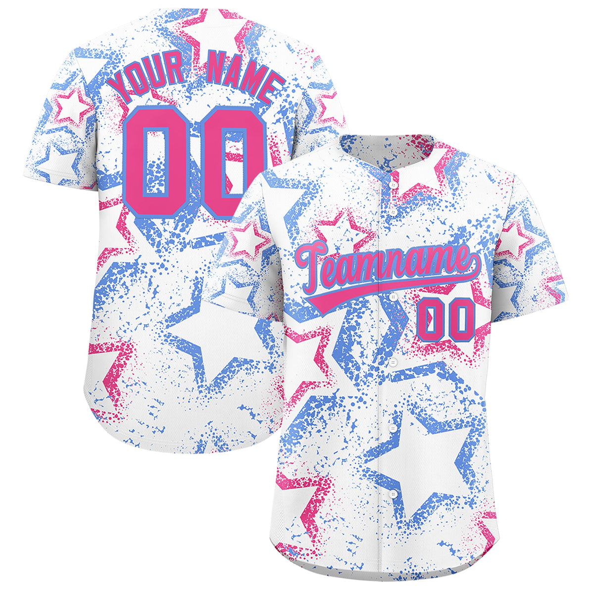 Custom White Light Blue Pink Star-Shaped Ink Texture Graffiti Pattern Baseball Jersey | Sublimation Printed &amp; Stitched,Add Name and Numbern,Perfect for Parties,Perfect for Training | KXKSHOP